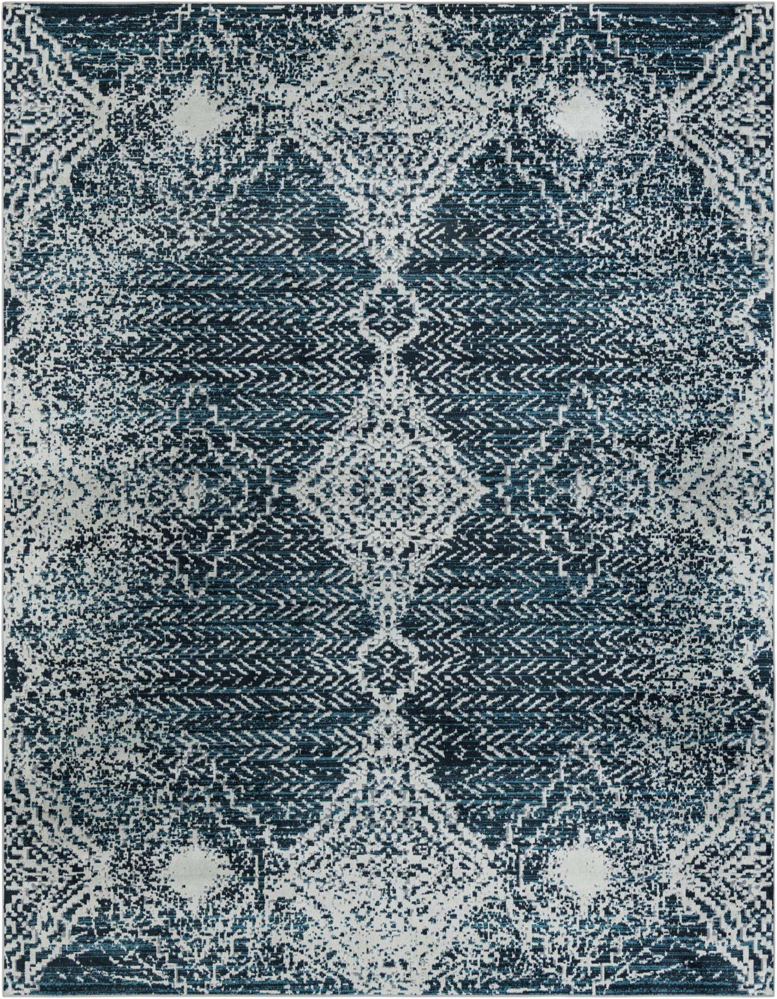 A 9x12 rectangular Kamala Washable rug featuring a distressed traditional medallion pattern in shades of blue and white.
