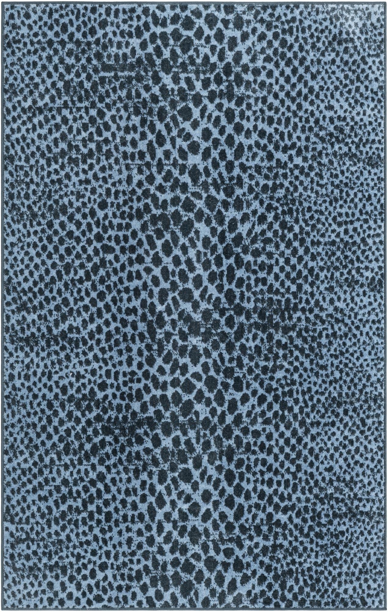 A 4x6 rectangular Kamala Washable rug featuring a modern abstract pattern in varying shades of blue, resembling an animal print.