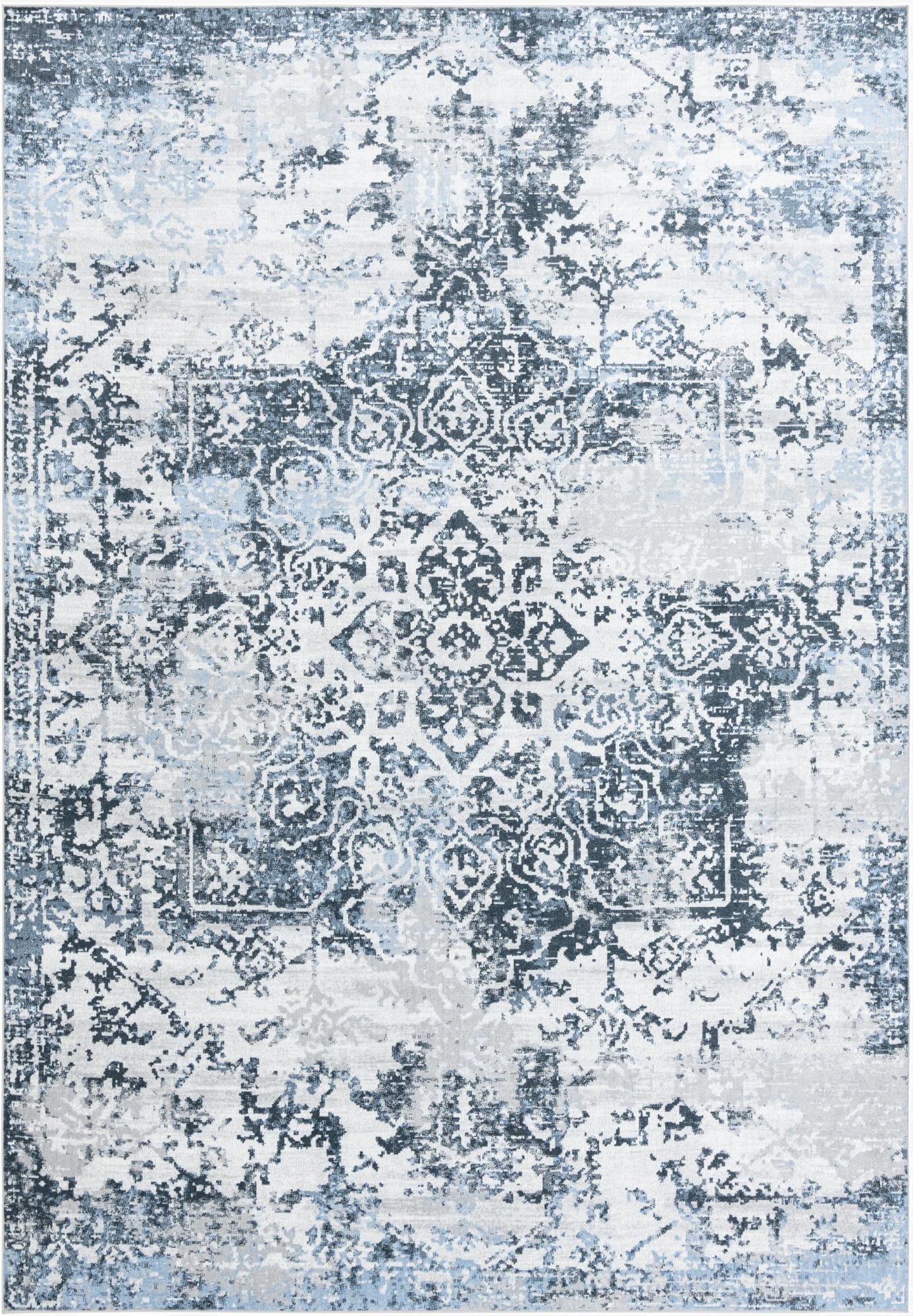 A 10x14 rectangular navy blue and white traditional medallion rug with a distressed, vintage look.
