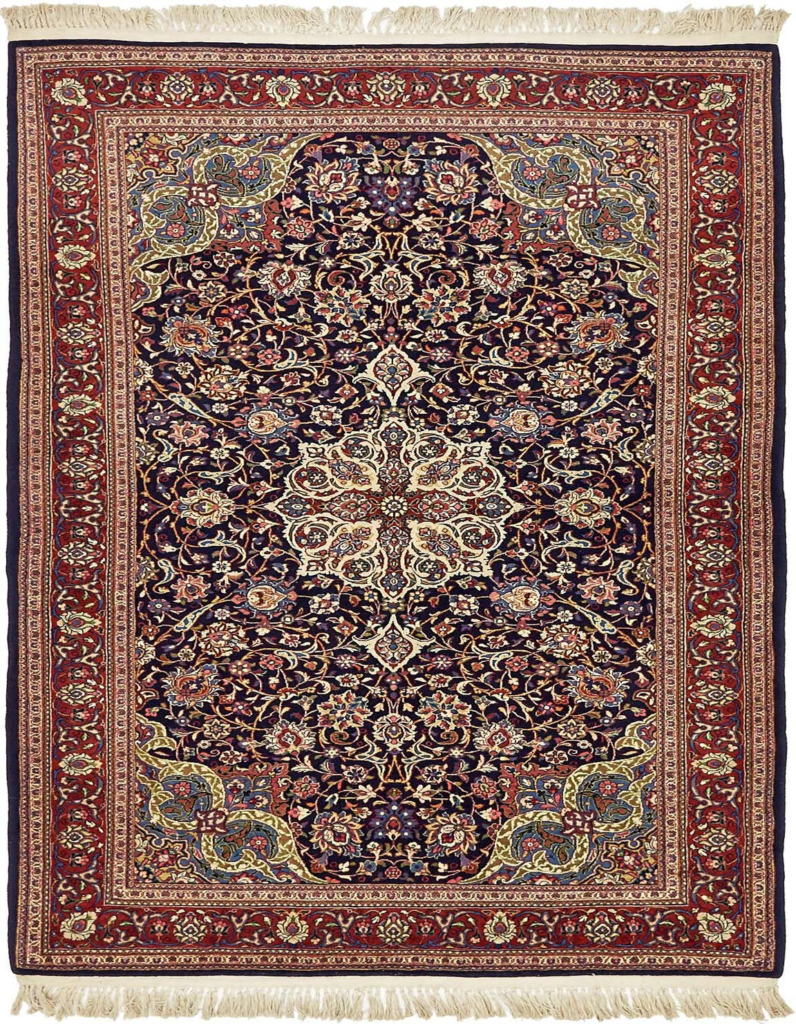 A 4x6 rectangular navy blue Persian wool rug with a central medallion and intricate botanical patterns, framed by a red border.