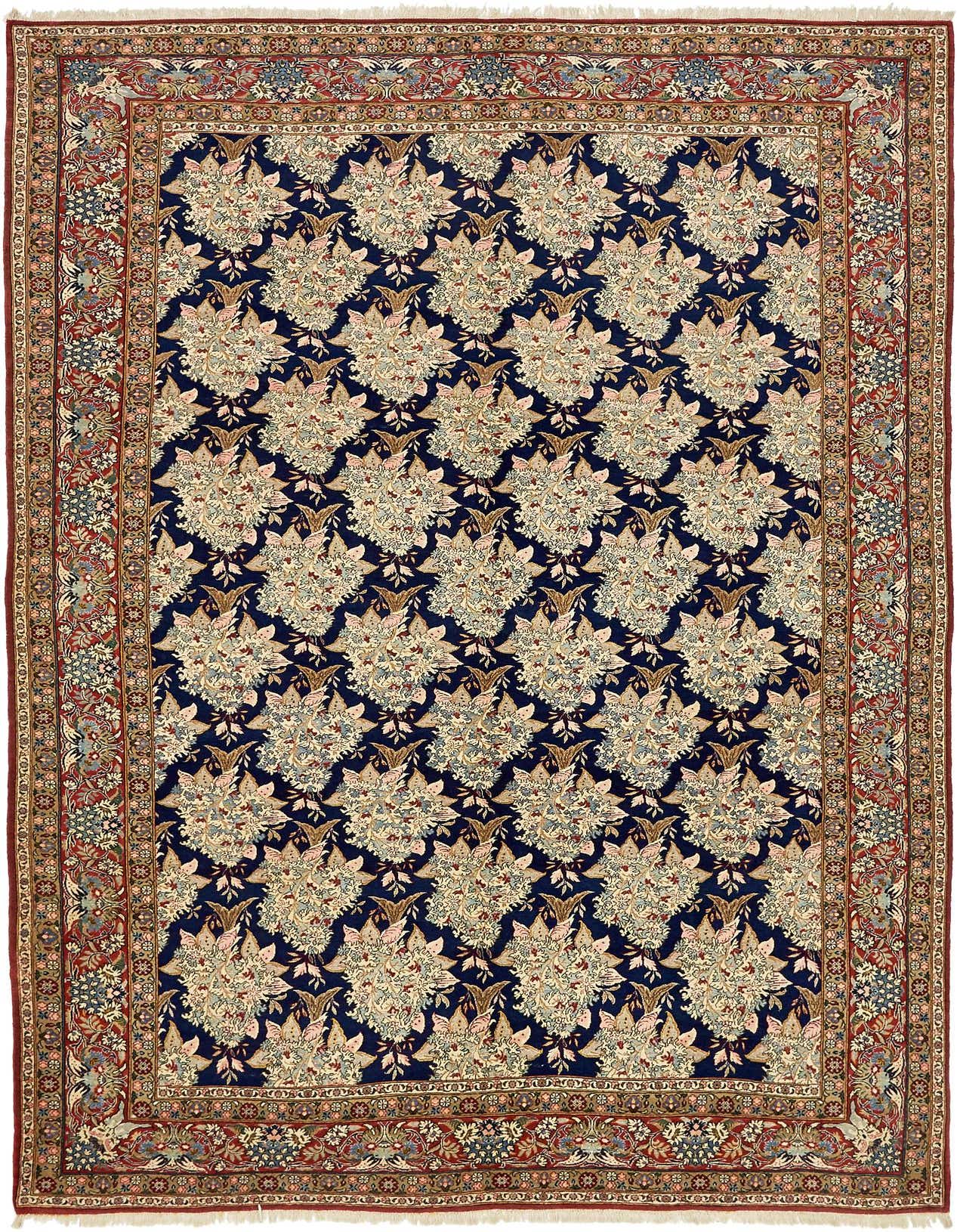 An 8x11 rectangular navy blue Persian rug with an intricate floral and botanical pattern and a detailed red border.