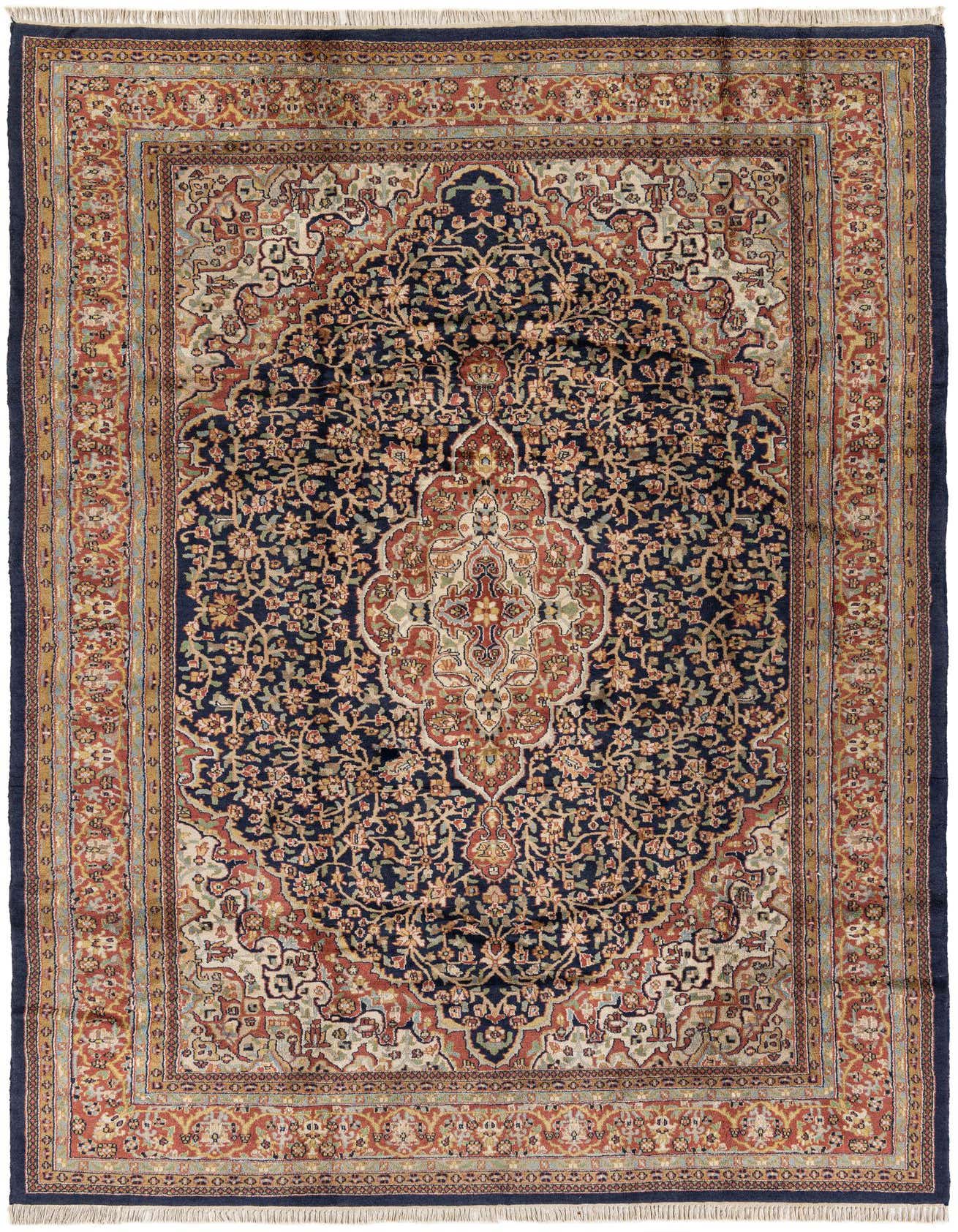 A 6x9 rectangular navy blue traditional Oriental rug with a central medallion and intricate floral patterns.