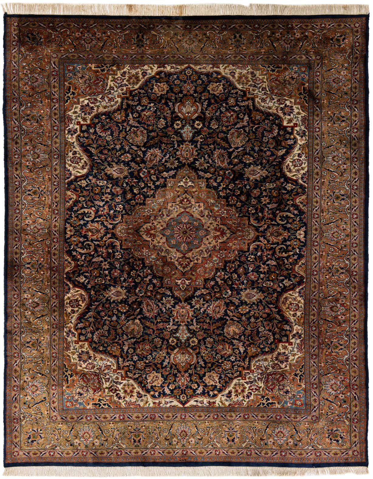 A 7x10 rectangular Kashan rug featuring a traditional Oriental medallion pattern in deep blues, creams, and earthy tones.