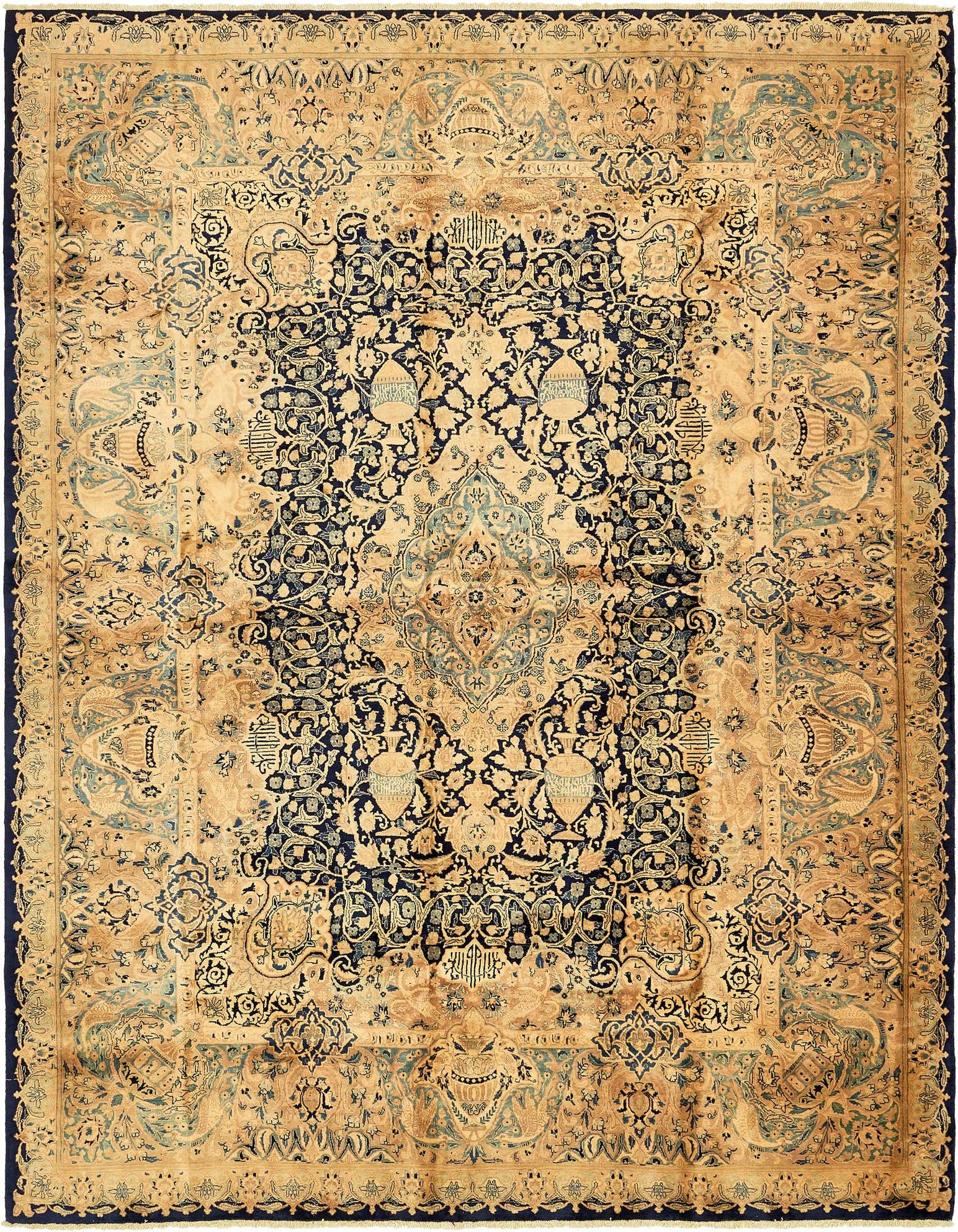 A 10x13 rectangular Kashmar Persian rug featuring a traditional navy blue medallion and border on a beige background, handmade from wool.