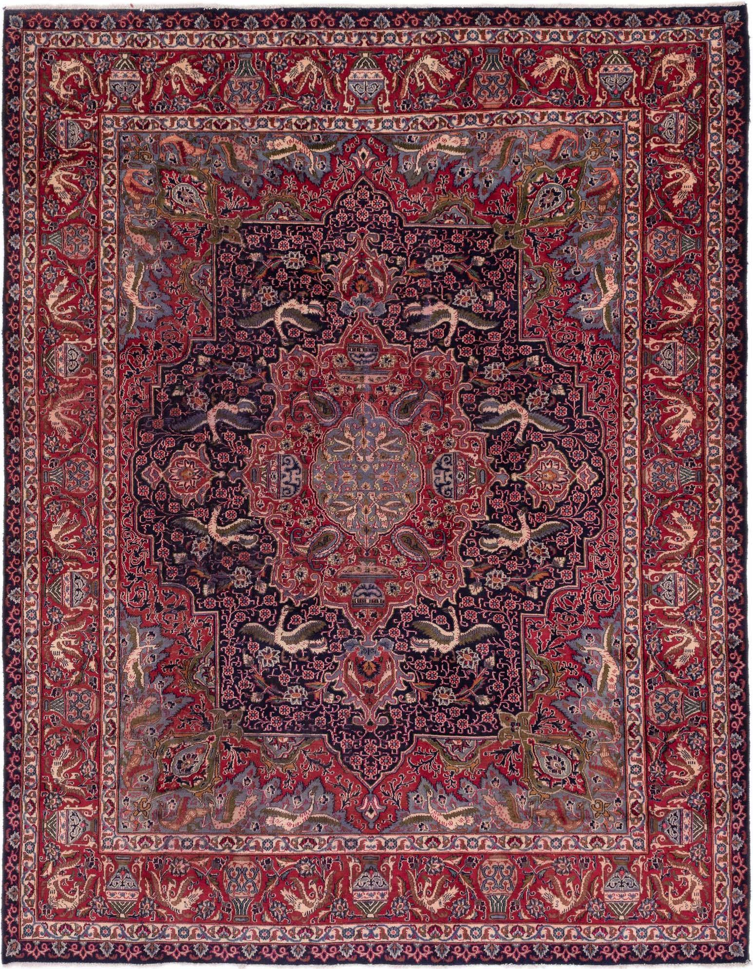 A large 10x13 rectangular Kashmar Persian rug featuring a central medallion and intricate botanical patterns in blues, reds, and creams.
