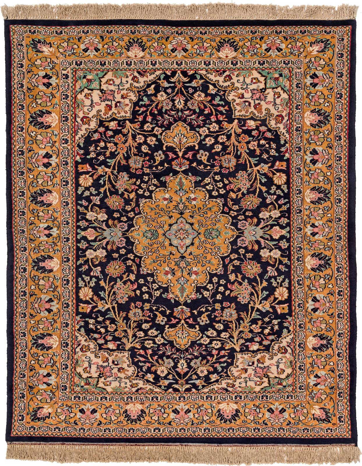 A 4x6 rectangular navy blue Oriental rug with intricate floral patterns in gold, pink, and light blue, featuring a detailed border.