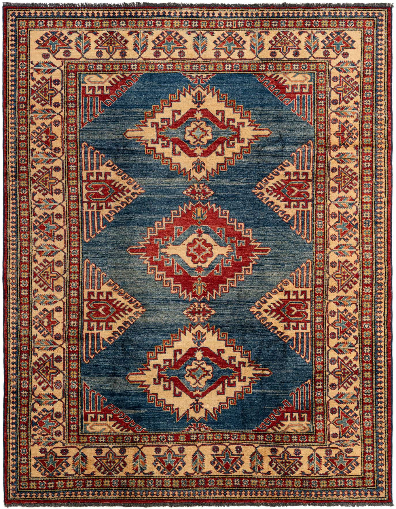 A 6x9 rectangular Rugs.com Kazak rug with a deep blue field and a cream border, featuring red and cream medallion patterns.