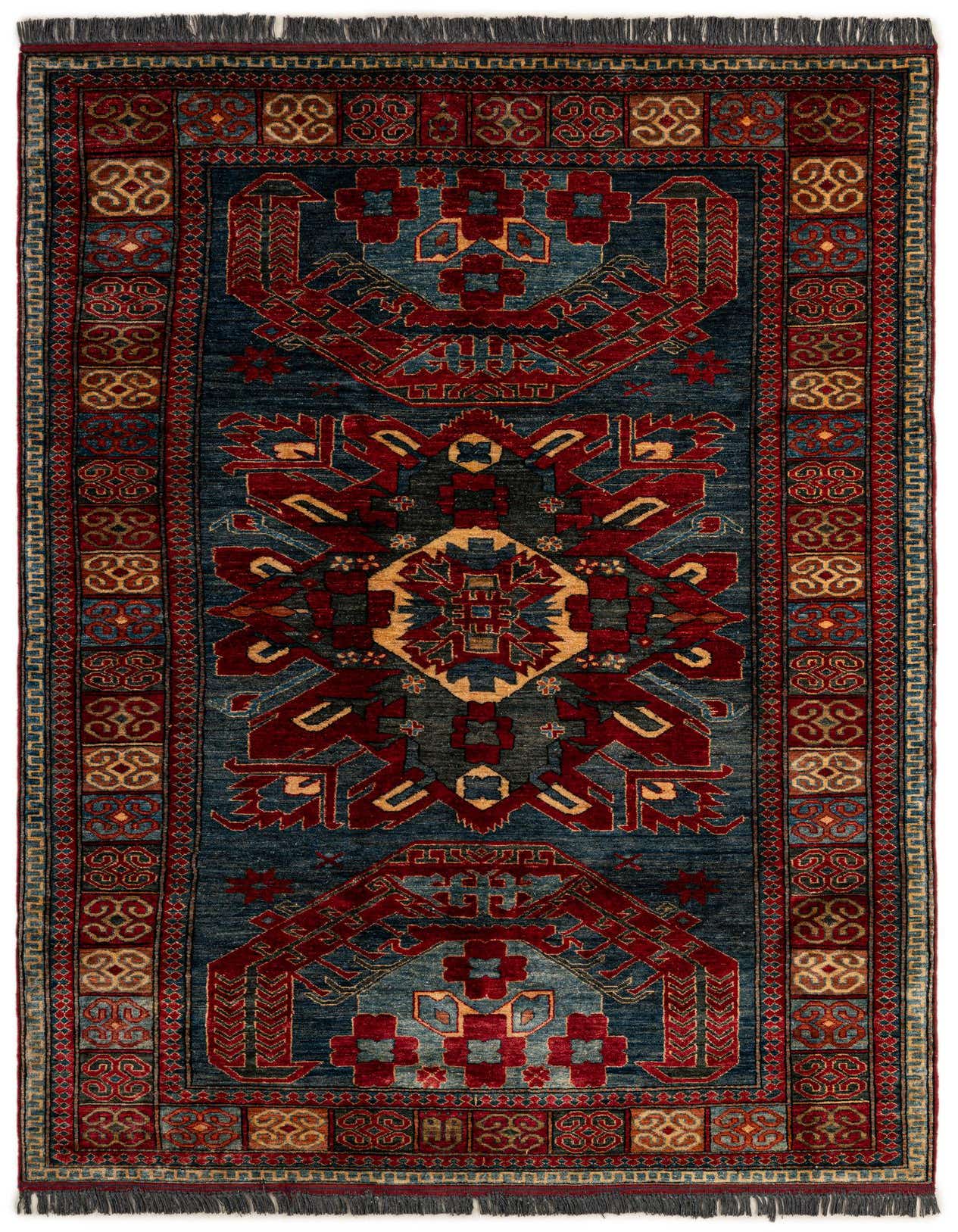 A 5x8 rectangular navy blue wool rug with a traditional Oriental medallion pattern in red, gold, and light blue.