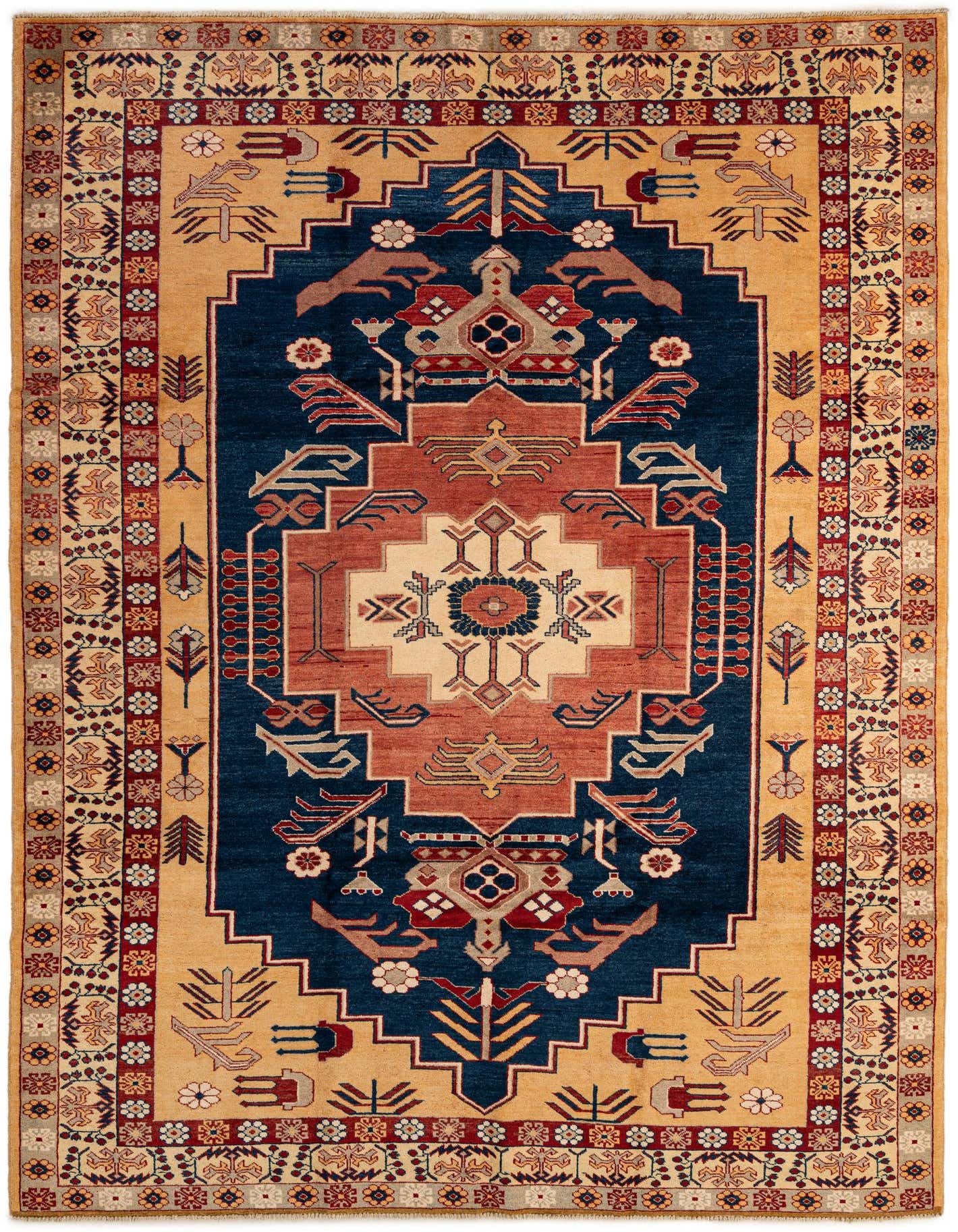 A 7x10 rectangular Kazak rug with a navy blue field, an orange-red medallion, and a gold border with traditional patterns.