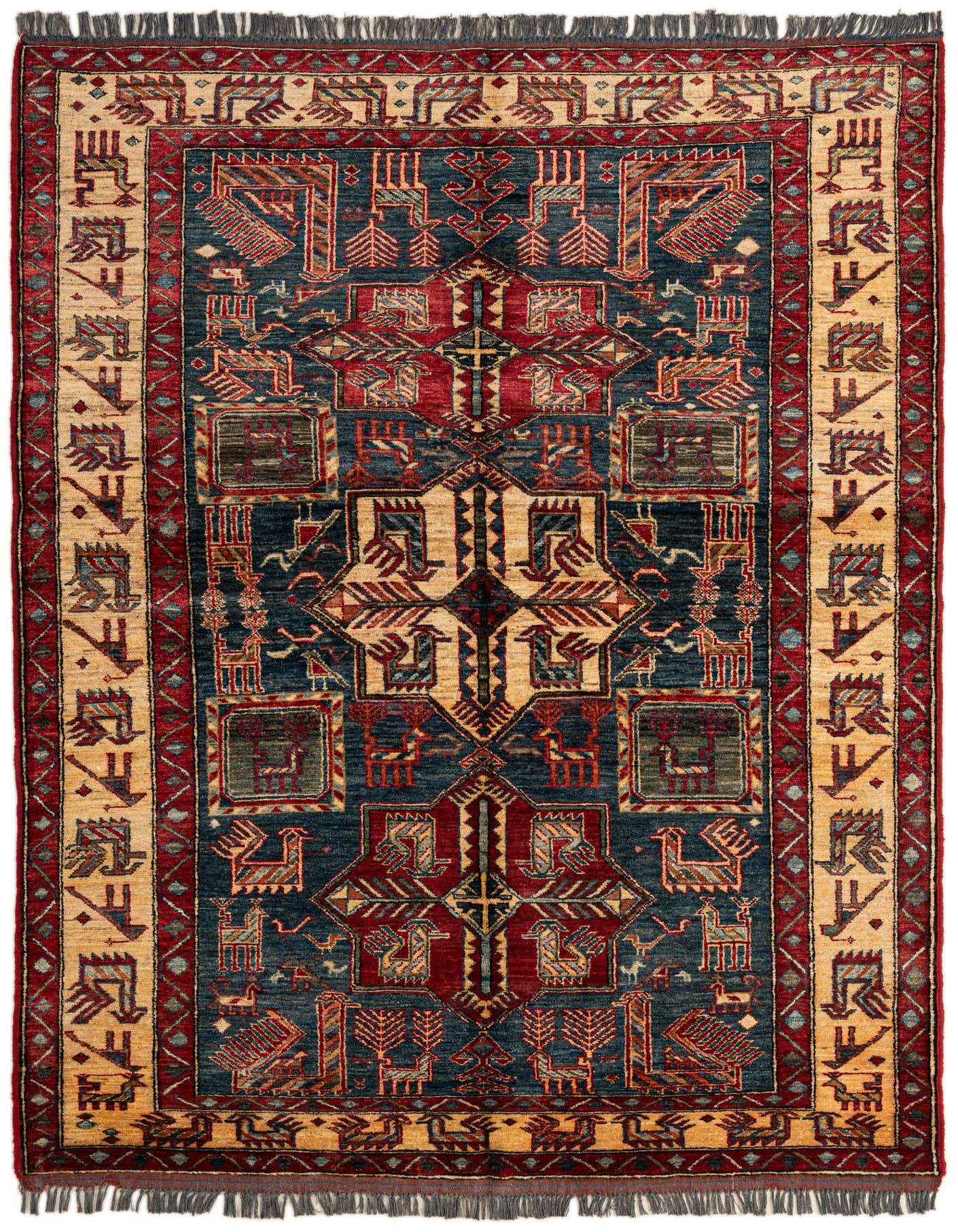 A 5x7 rectangular handmade wool rug featuring a complex modern oriental pattern in deep blues, reds, and beige tones.