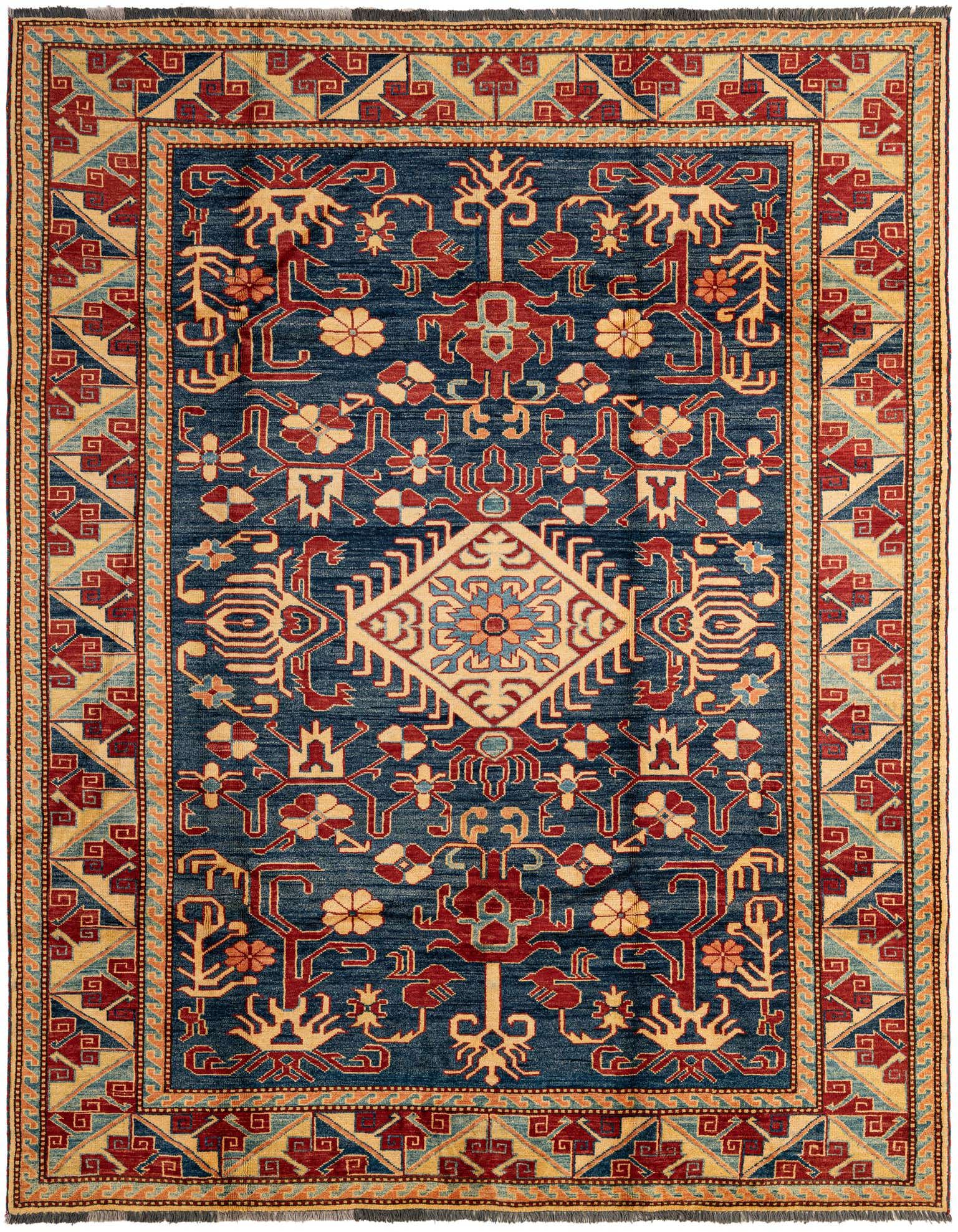 A 6x9 rectangular Rugs.com Kazak rug with a deep navy blue field and intricate red, gold, and light blue Oriental patterns.