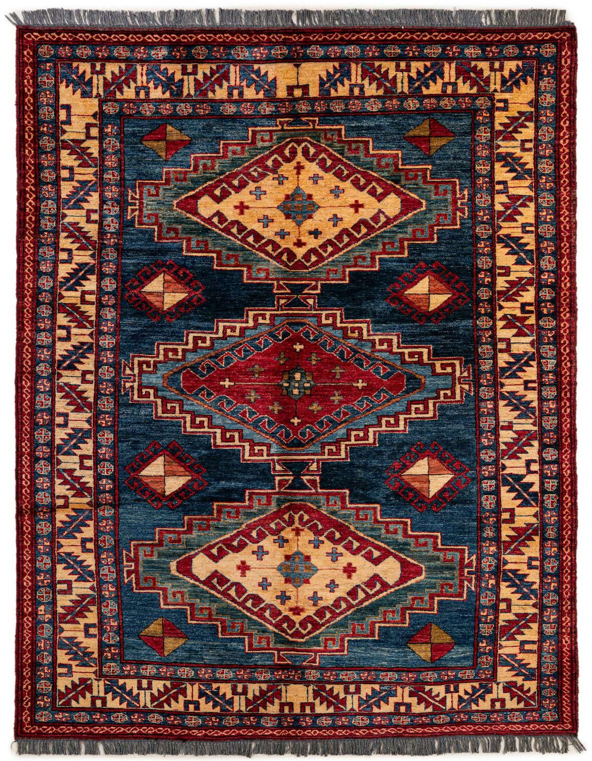 A 5x8 rectangular Kazak rug with a navy blue field, featuring a large central medallion and geometric patterns in red, gold, and light blue, with fringed ends.
