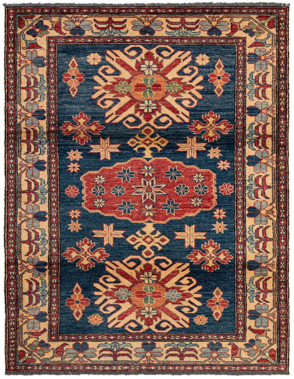 A 4x6 rectangular Rugs.com Kazak rug with a navy blue field, red medallion, and beige border, featuring intricate Oriental and Modern patterns.