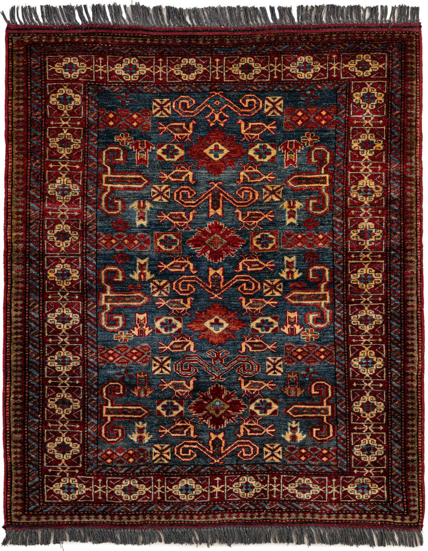A 4x6 rectangular Rugs.com Kazak rug with a navy blue field and intricate red and gold oriental patterns, framed by a red border.