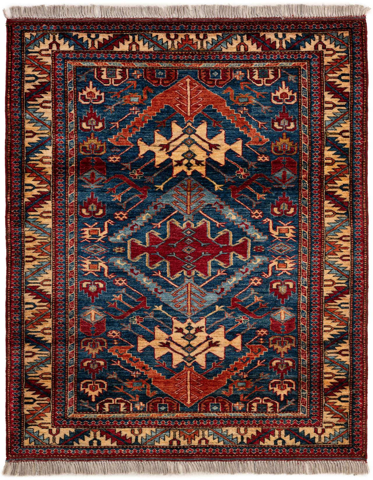 A 4x6 rectangular navy blue Oriental rug with intricate red, gold, and light blue geometric patterns and fringe.