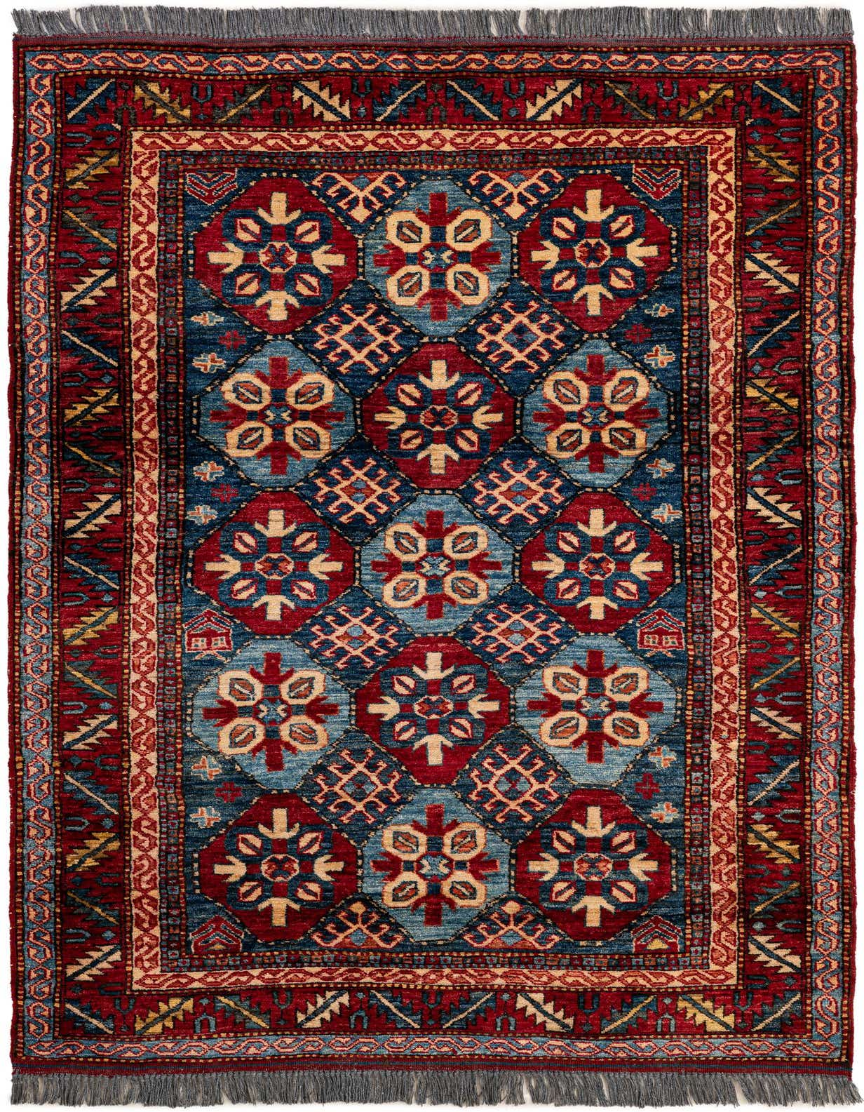 A 4x6 rectangular Rugs.com Kazak rug with a dominant navy blue field and traditional red and gold oriental patterns, featuring a flat pile and fringe.
