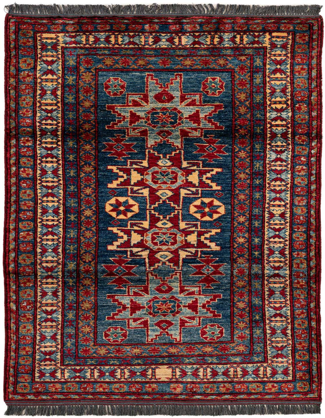 A 3x5 rectangular Kazak rug with a navy blue background and traditional red, gold, and light blue geometric patterns.