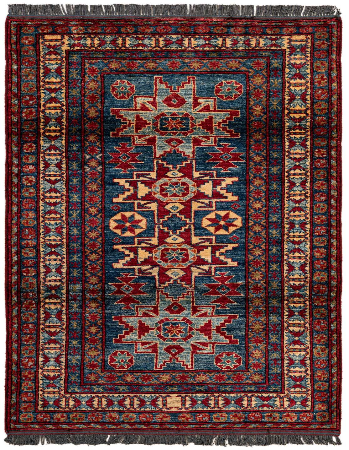 A 3x5 rectangular Kazak rug with a rich navy blue field and intricate red, gold, and light blue oriental patterns, featuring a detailed border and fringe.