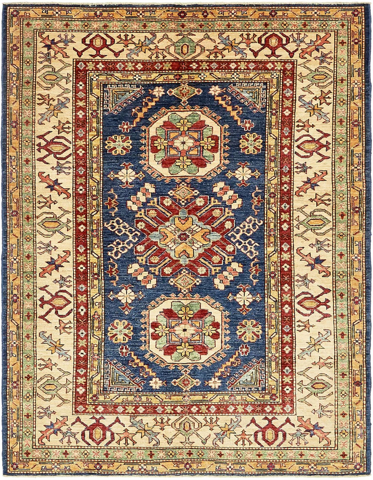 A 4x6 rectangular Kazak rug with a navy blue field and a traditional medallion pattern, framed by a beige border with tribal motifs.