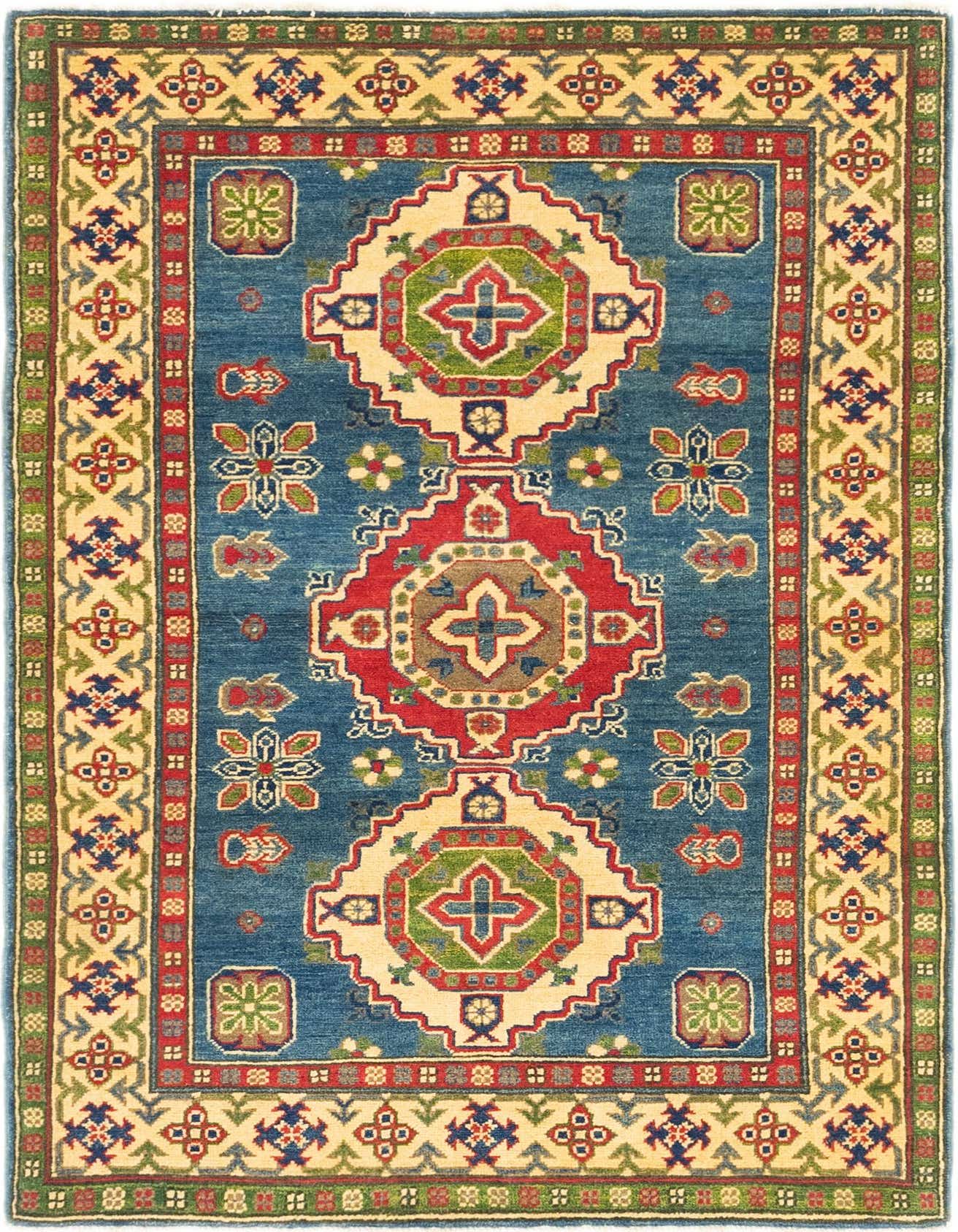 A 4x6 rectangular Rugs.com Kazak rug with a navy blue field, featuring traditional Southwestern and tribal medallion patterns in red, cream, green, and blue.