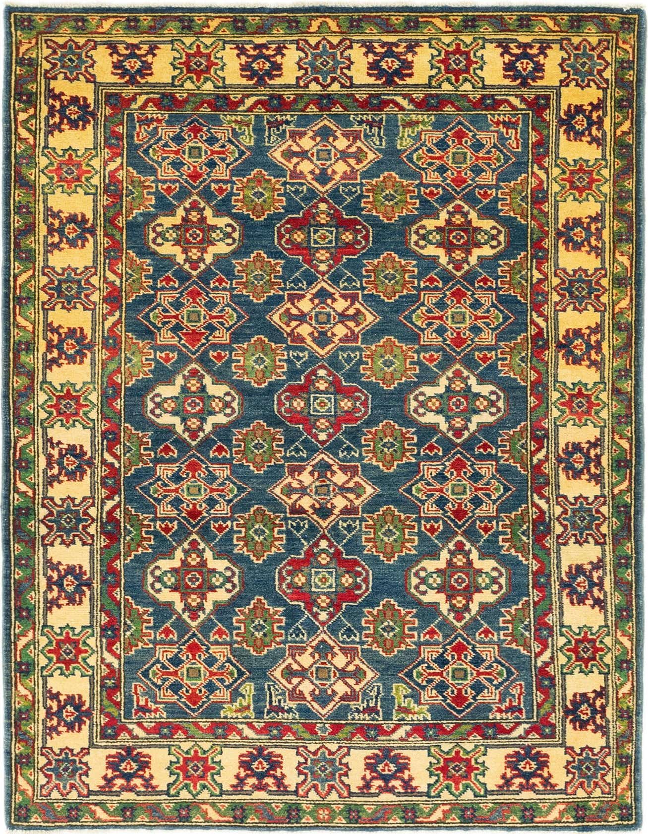 A 4x6 rectangular indoor rug with a navy blue field and a cream border, featuring traditional Southwestern and tribal patterns in red, green, and gold.
