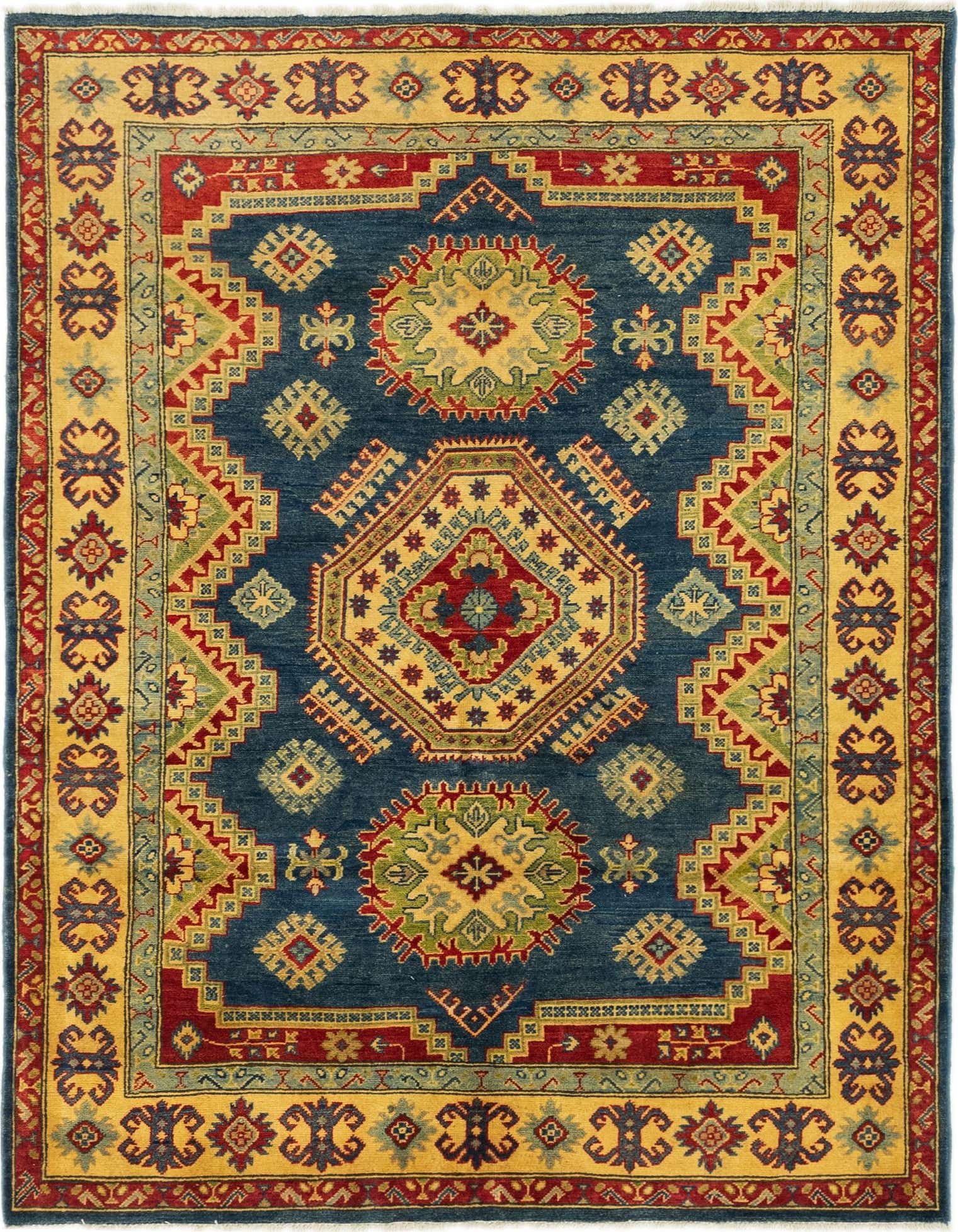 A 5x7 rectangular navy blue rug with traditional Southwestern and tribal patterns, featuring a central medallion and a gold border.