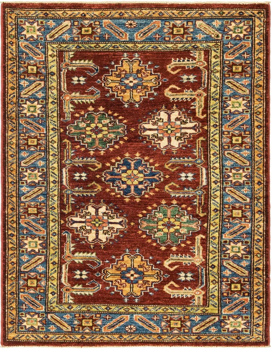 A 3x4 rectangular hand-spun wool rug featuring a traditional tribal medallion pattern in deep blues, reds, and gold.