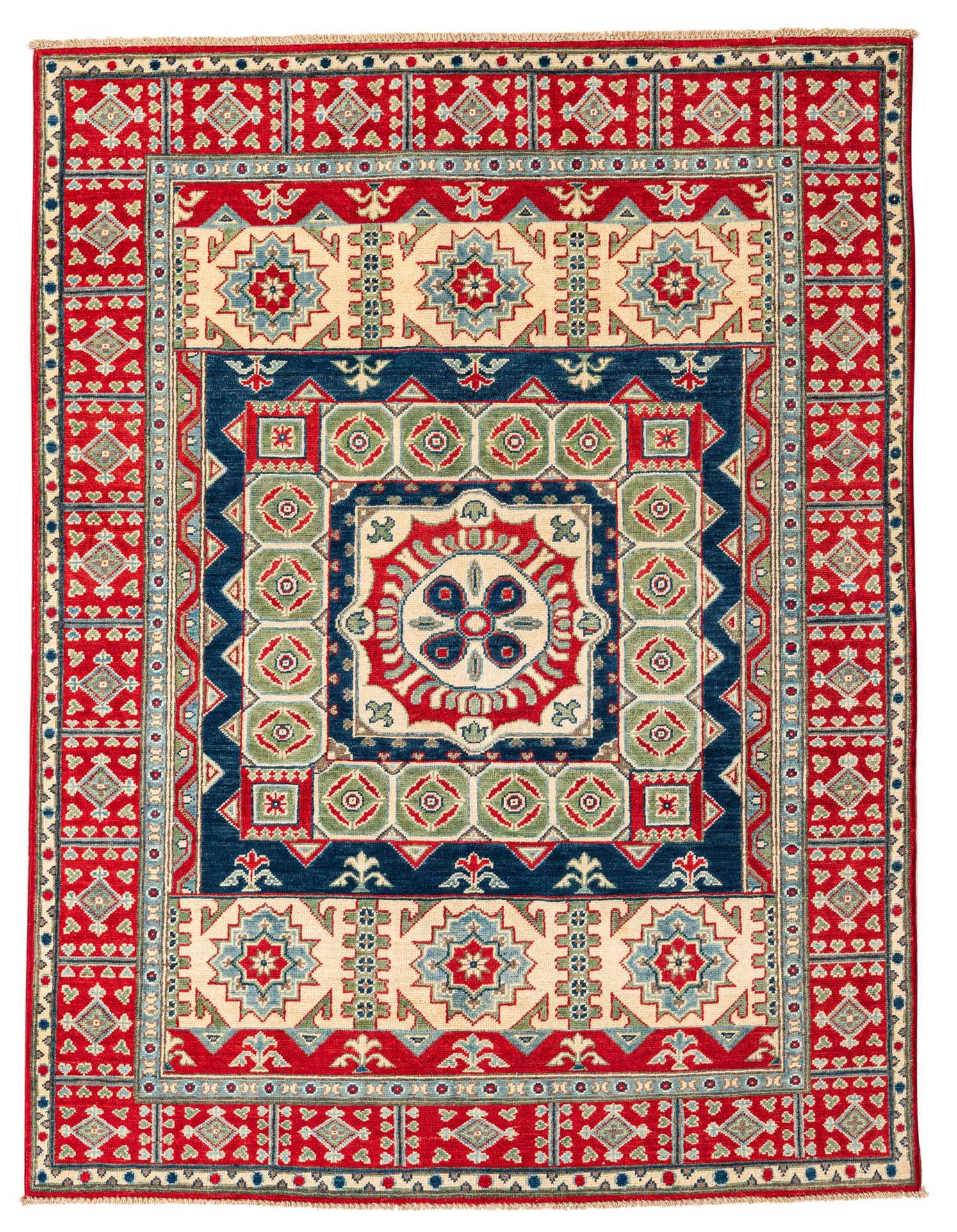 A 5x7 rectangular Kazak rug with a traditional medallion pattern in navy blue, red, cream, and green.