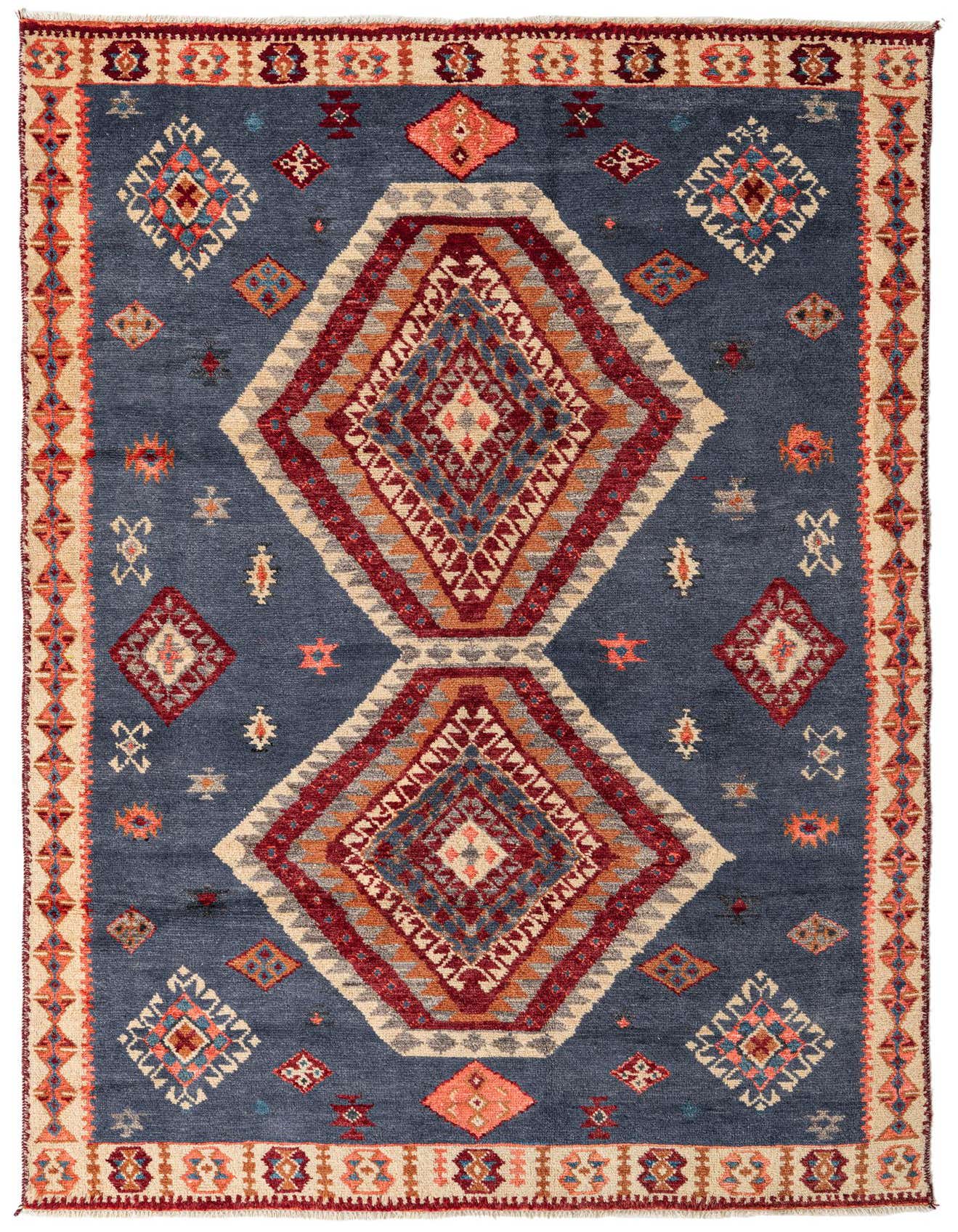 A 6x9 rectangular navy blue rug with two large central diamond medallions and a beige border, featuring traditional Oriental patterns in red, orange, and blue.