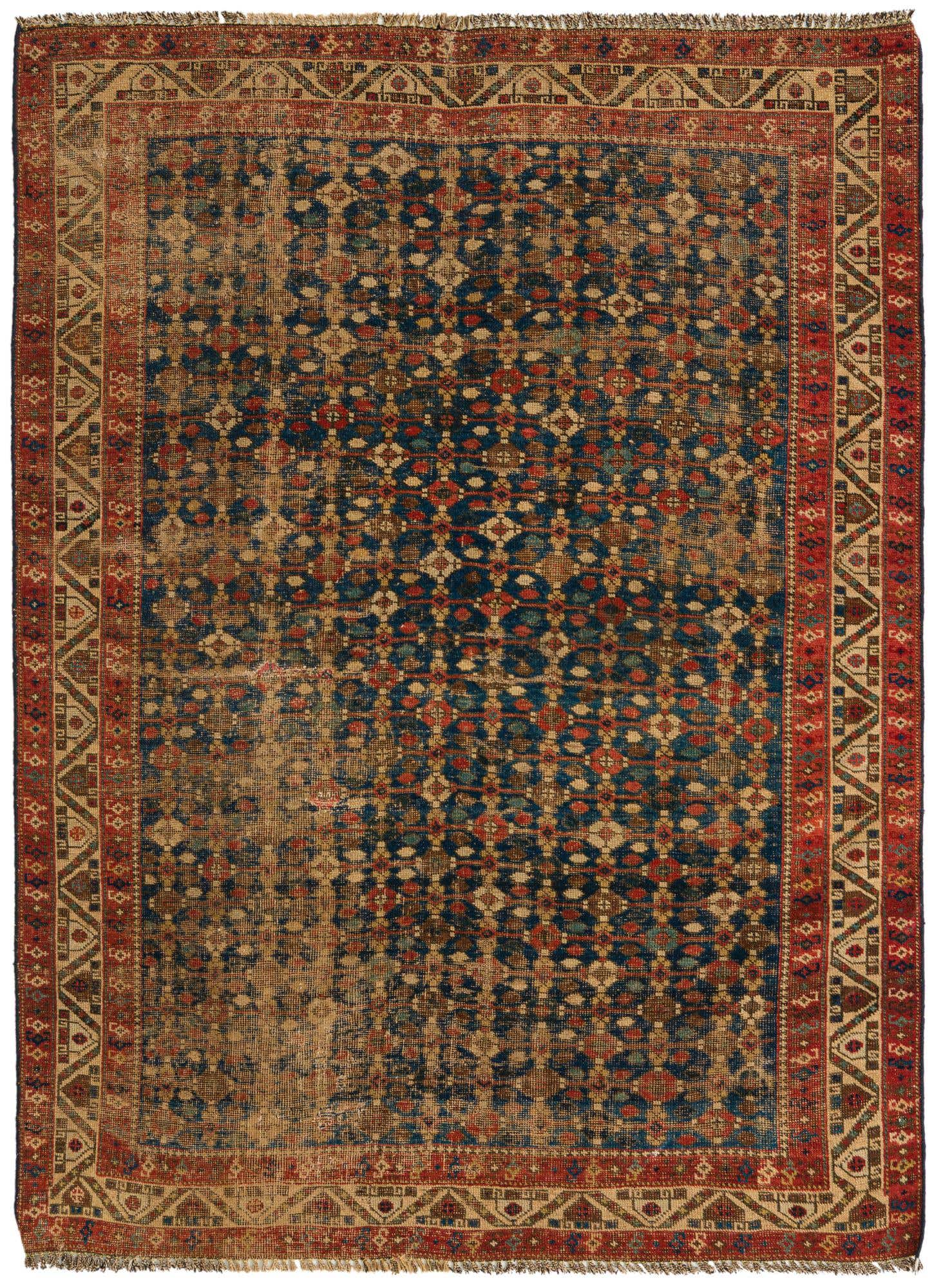 A 4x6 rectangular handmade wool rug featuring a traditional Oriental pattern in navy blue, red, and beige.