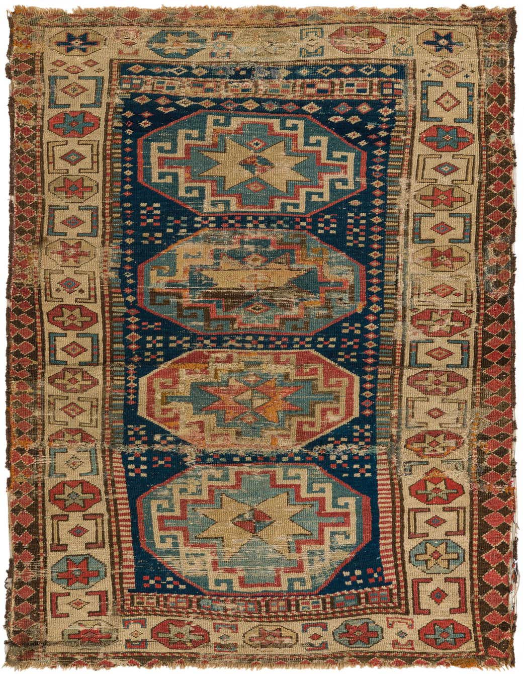 A 4x6 rectangular handmade wool Kazak rug featuring traditional Oriental patterns in shades of blue, red, and beige.