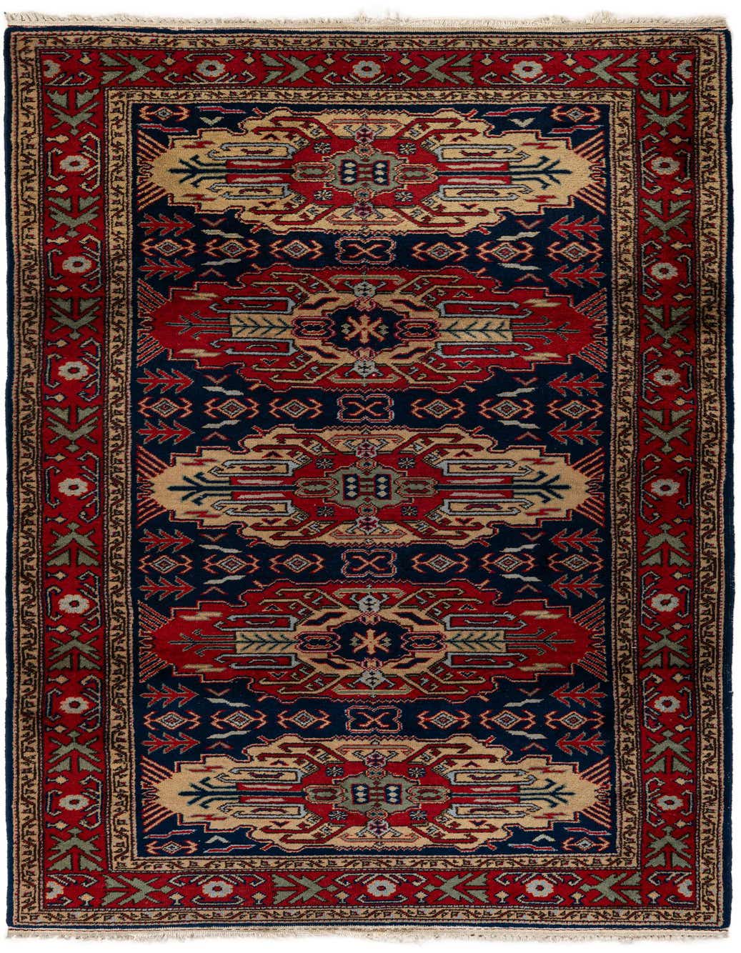 A 5x7 rectangular Rugs.com Kazak rug with a traditional Oriental pattern in navy blue, red, and beige.