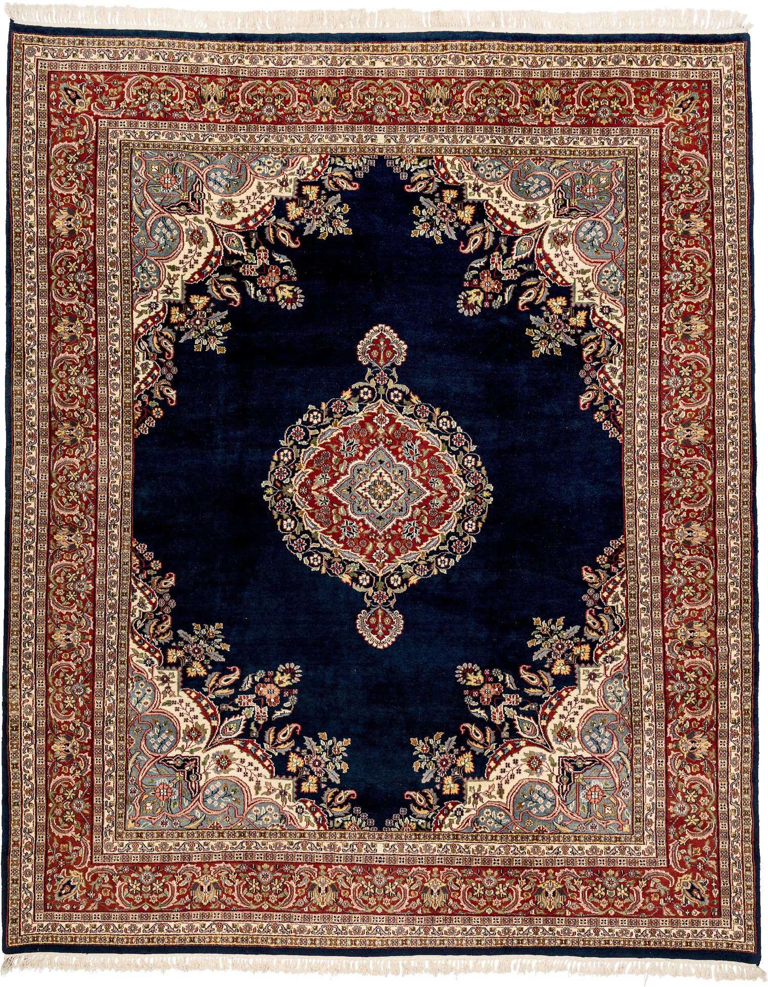 A 9x11 rectangular navy blue traditional Kerman wool rug with an ornate red and cream medallion pattern.