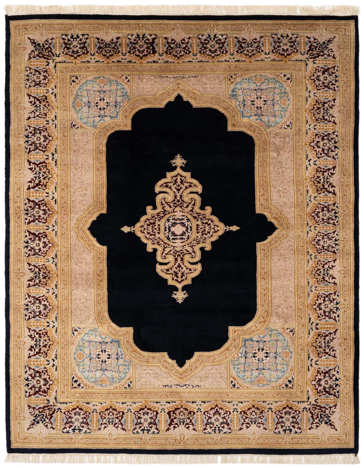 A rectangular 6x9 Kerman rug featuring a traditional Oriental medallion design in navy blue, gold, and light blue.