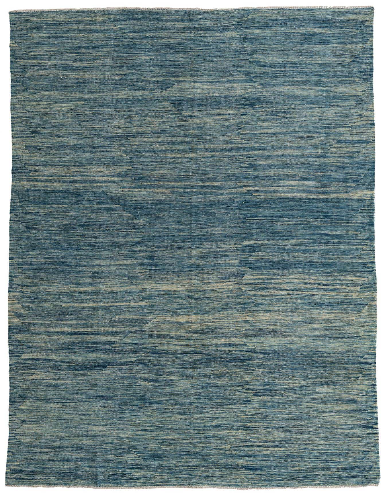 A 6x9 rectangular flatweave rug featuring a textured Southwestern-inspired pattern in varying shades of blue, ideal for a living room.