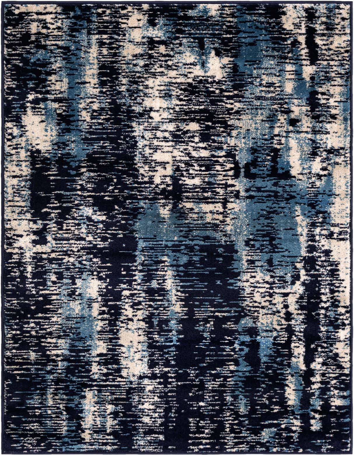 A 3x5 rectangular Laguna rug featuring an abstract, modern pattern in varying shades of navy blue, light blue, and cream.