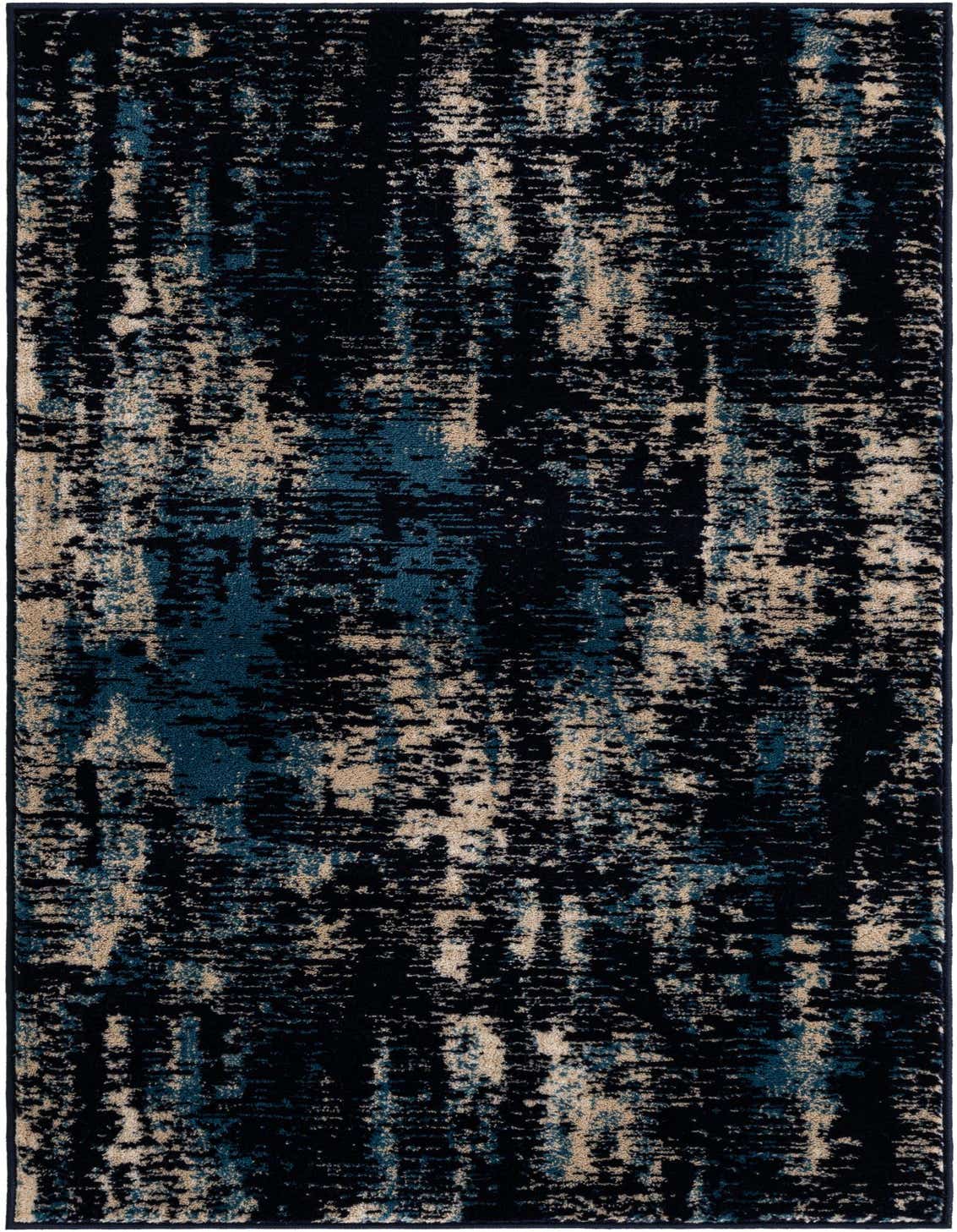 A 3x5 rectangular Laguna rug from Rugs.com with an abstract pattern in varying shades of navy blue, teal, and beige.