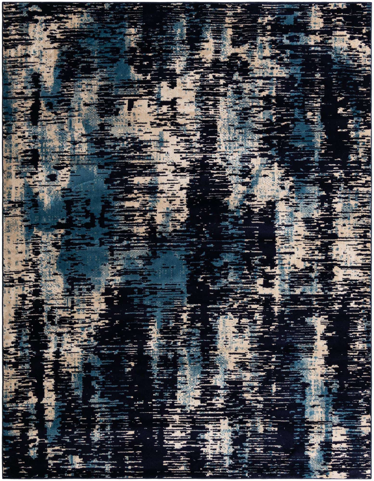 A rectangular 8x11 Rugs.com Laguna area rug with an abstract pattern in shades of navy blue, light blue, and beige.