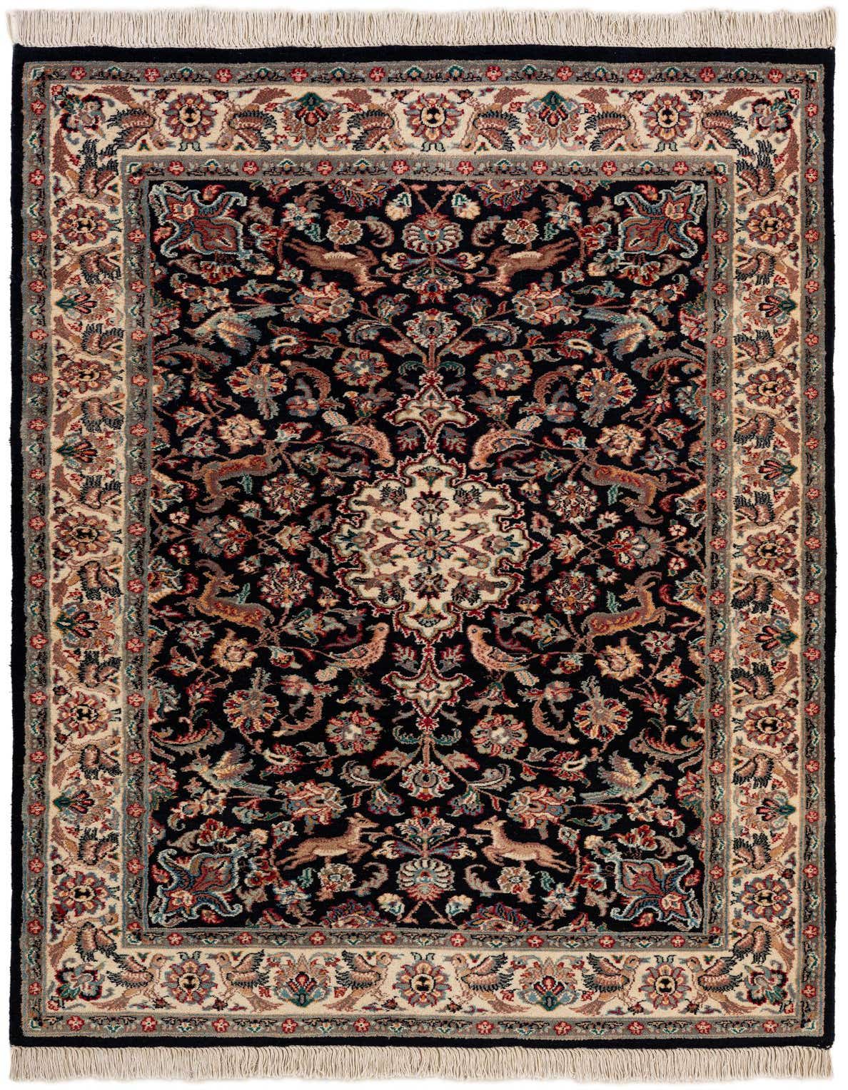 A 4x6 rectangular Lahour rug featuring a traditional Oriental medallion pattern in navy blue, beige, and multicolor accents.