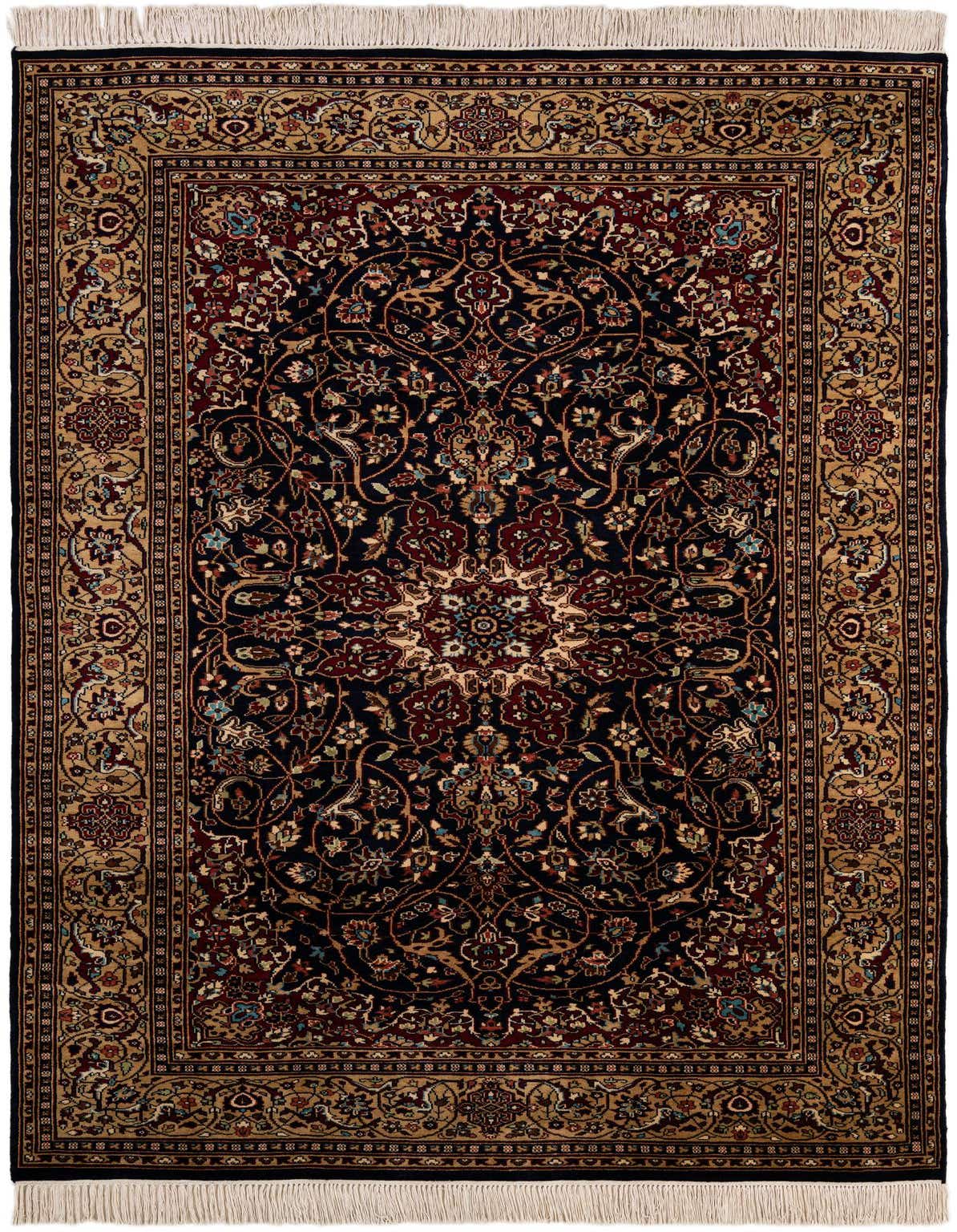 A 6x9 rectangular Lahour rug featuring a traditional Oriental medallion pattern in navy blue, red, and gold.