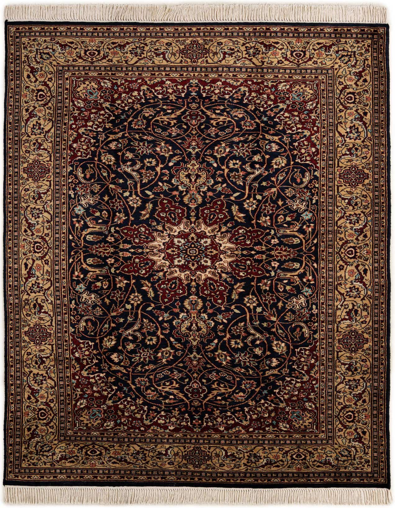 A 6x9 rectangular Lahour rug featuring a traditional Oriental medallion pattern in navy blue, red, and gold.