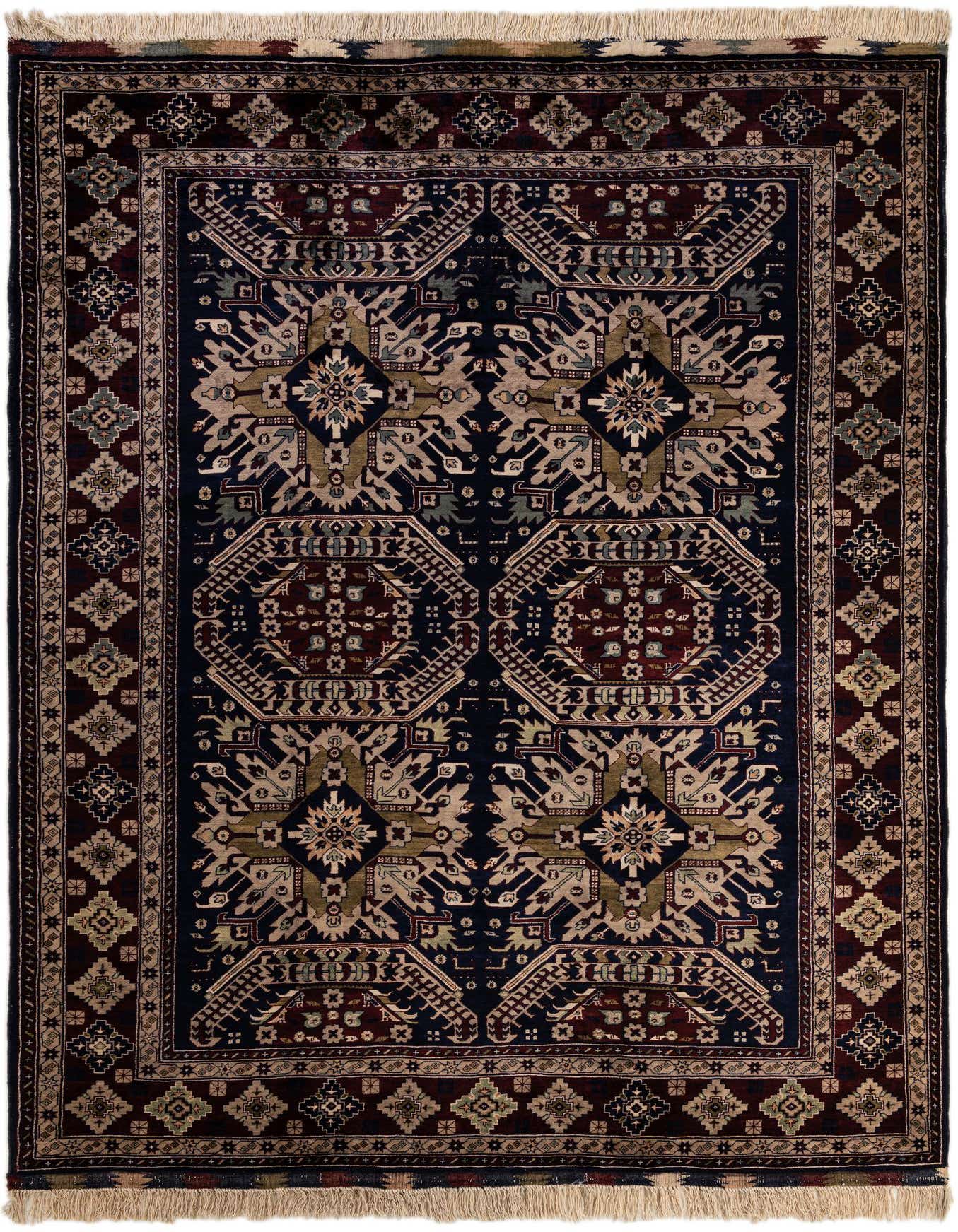 A 7x10 rectangular Lahour rug in traditional Oriental style, featuring a navy blue field with intricate geometric patterns in beige, red, and green, framed by a detailed border.