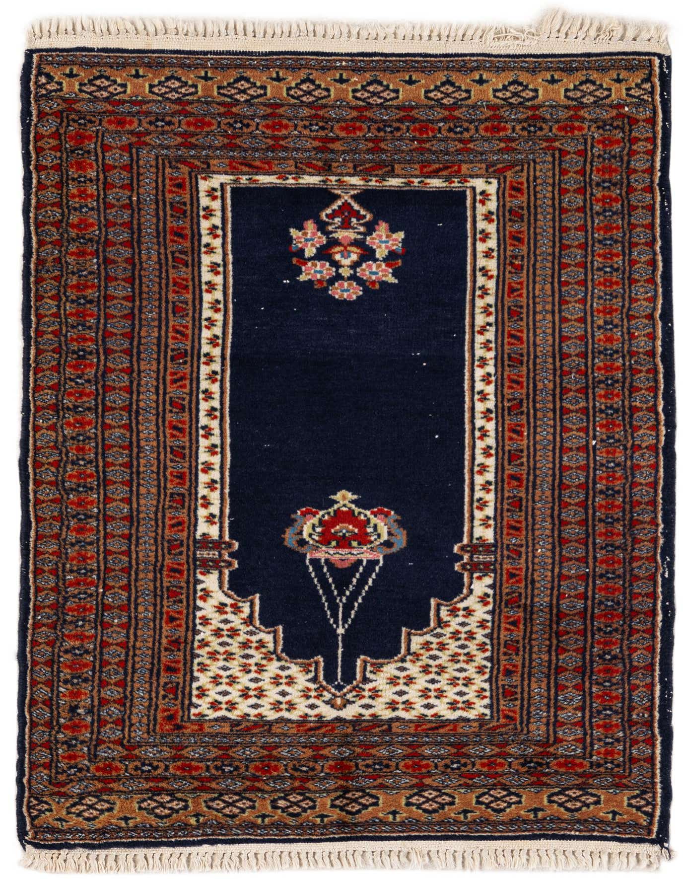 A 2x3 rectangular Lahour rug in navy blue, featuring a traditional Oriental pattern with red, beige, and brown accents, and white fringe.