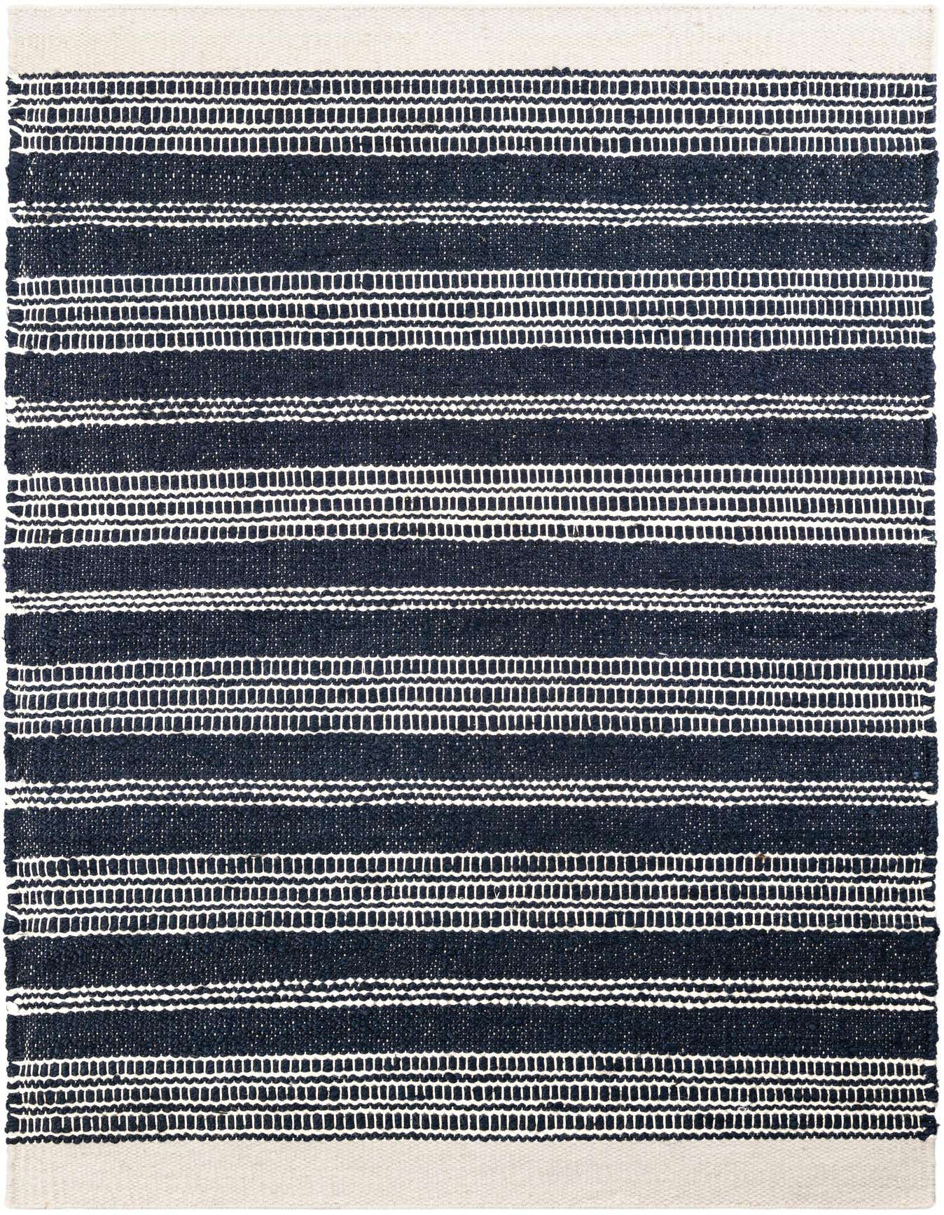 A 4x6 rectangular Lariat rug featuring thick navy blue and thin off-white textured stripes, ideal for a living room.