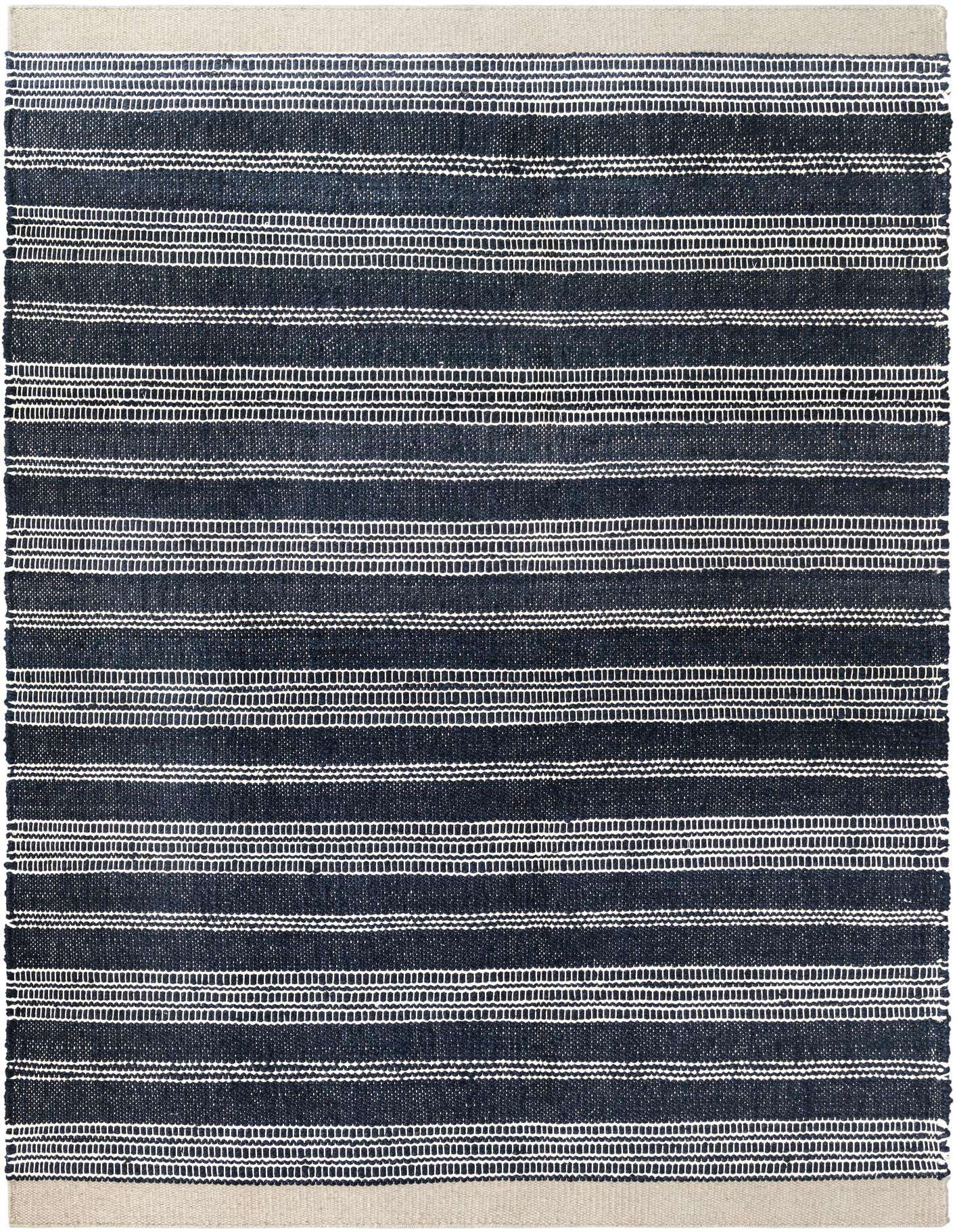 A 6x9 rectangular Lariat rug with wide navy blue stripes alternating with thin off-white stripes, and solid off-white borders.