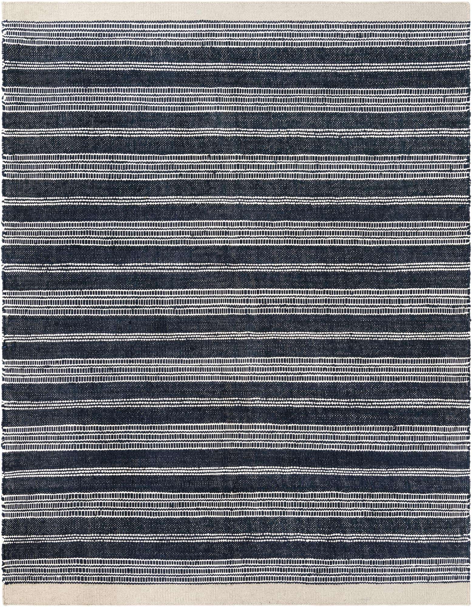 A rectangular 8x10 Lariat rug featuring a modern navy blue and white striped pattern with a textured, flatweave surface.