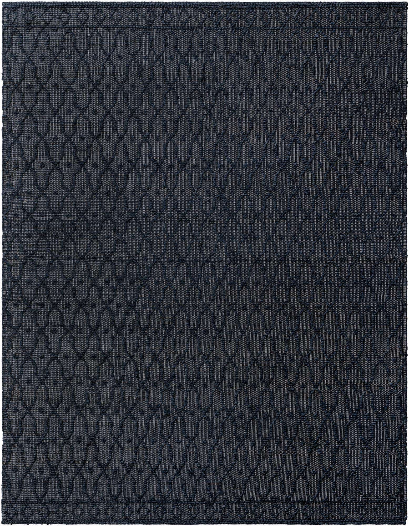 A rectangular 8x10 Larsa Jute rug with a textured navy blue modern trellis pattern, suitable for a living room.