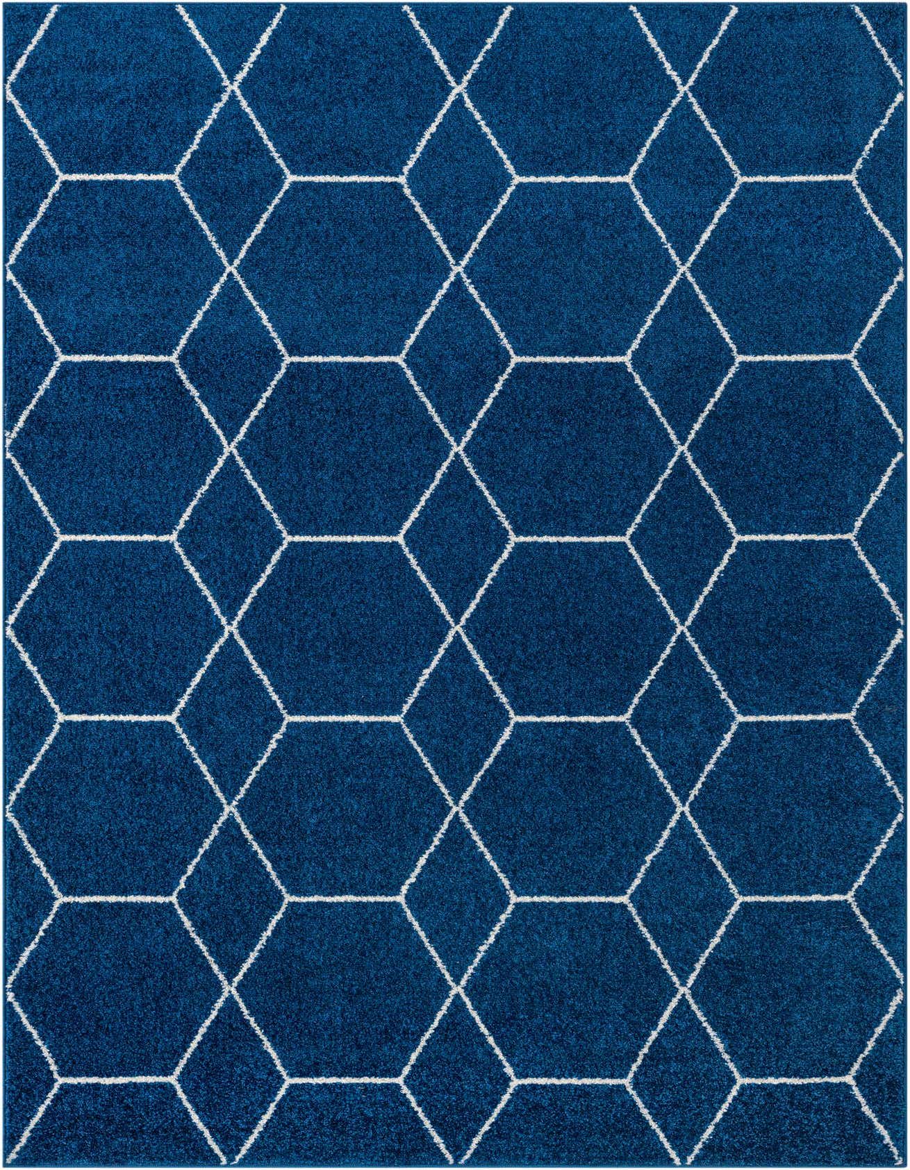 A 6x9 rectangular navy blue rug with a white modern trellis pattern, suitable for a living room.