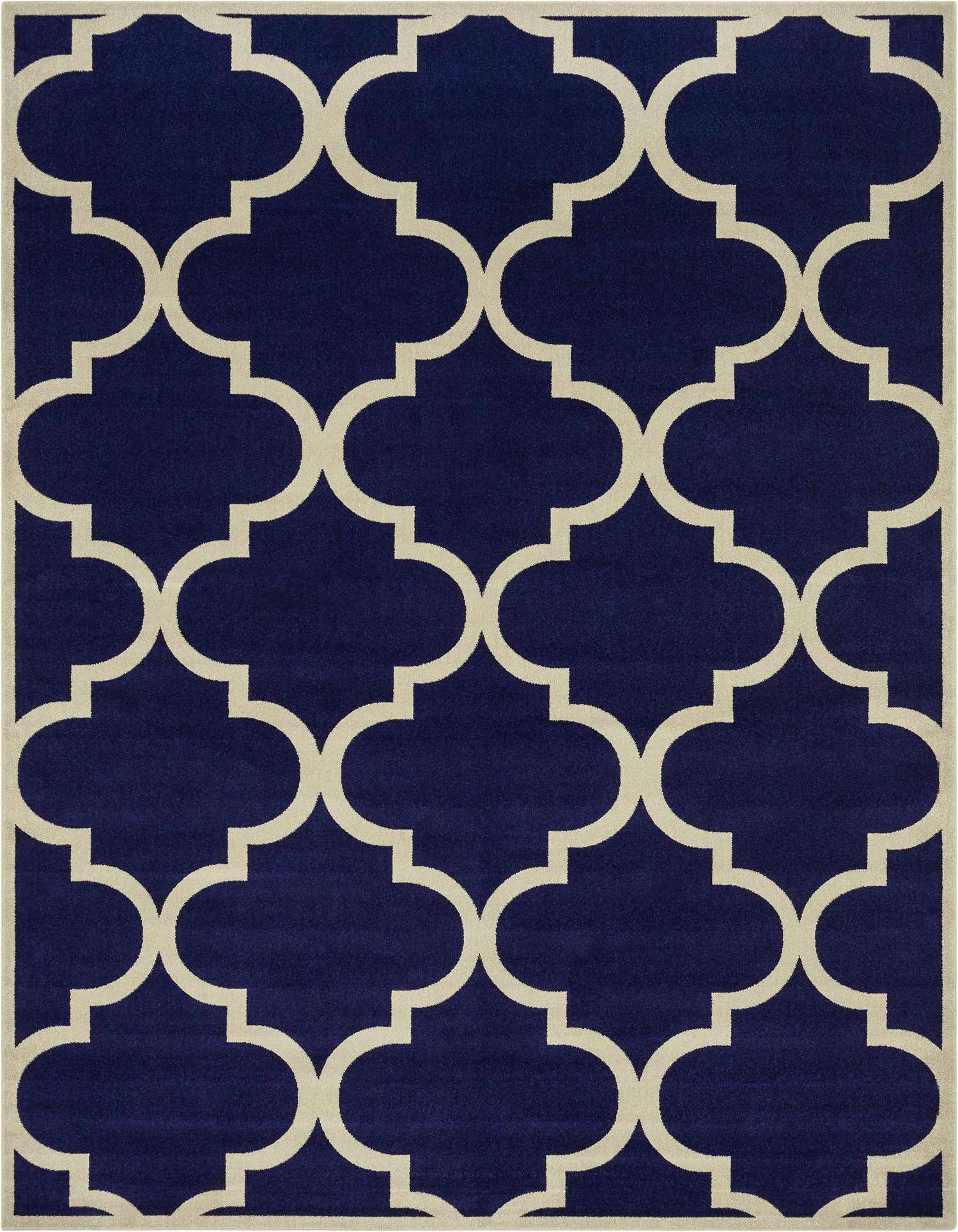 A 10x13 rectangular navy blue area rug with a repeating cream-colored modern trellis pattern, suitable for a living room.