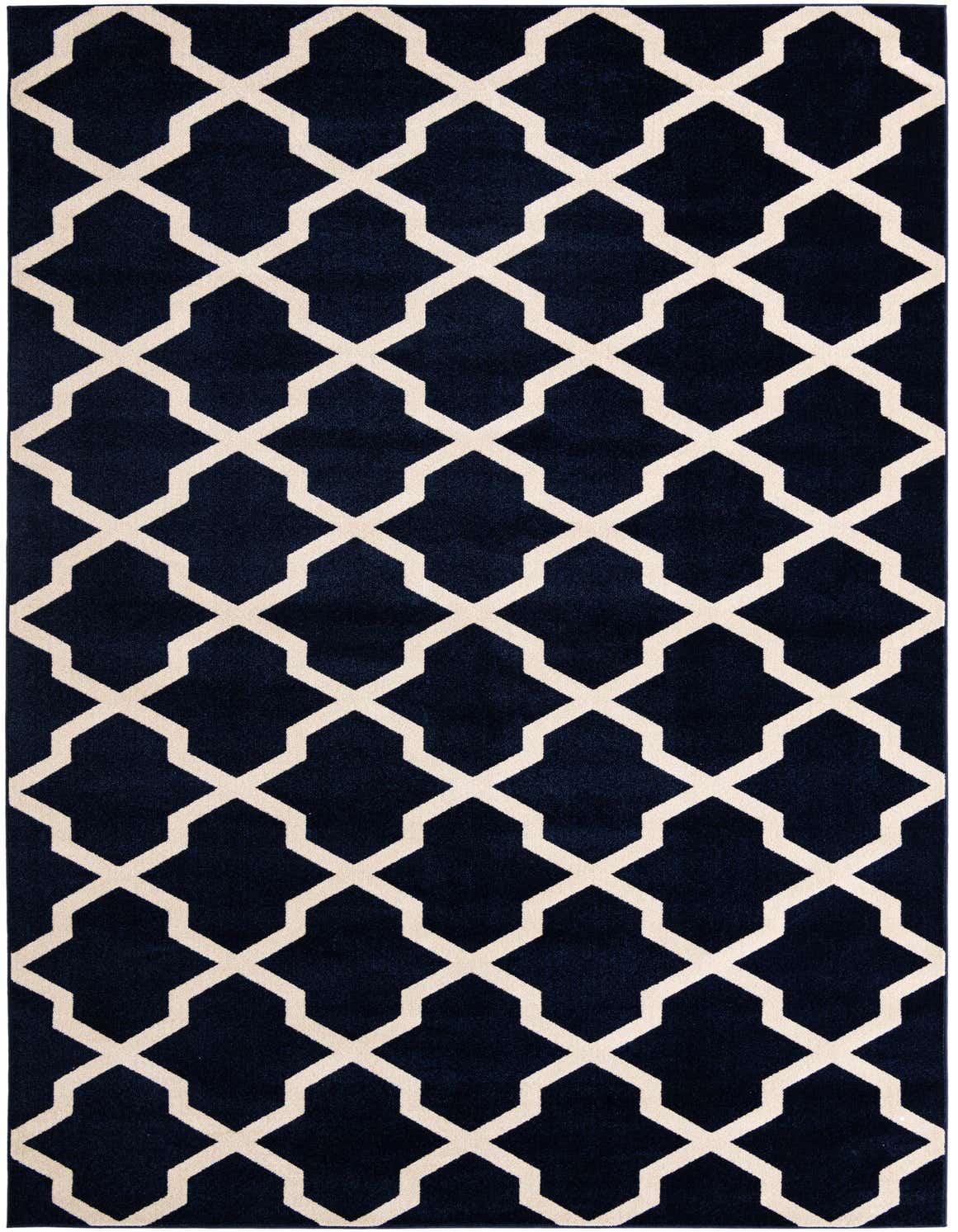 A 10x14 rectangular navy blue modern rug with a repeating off-white lattice pattern, suitable for a living room or patio.